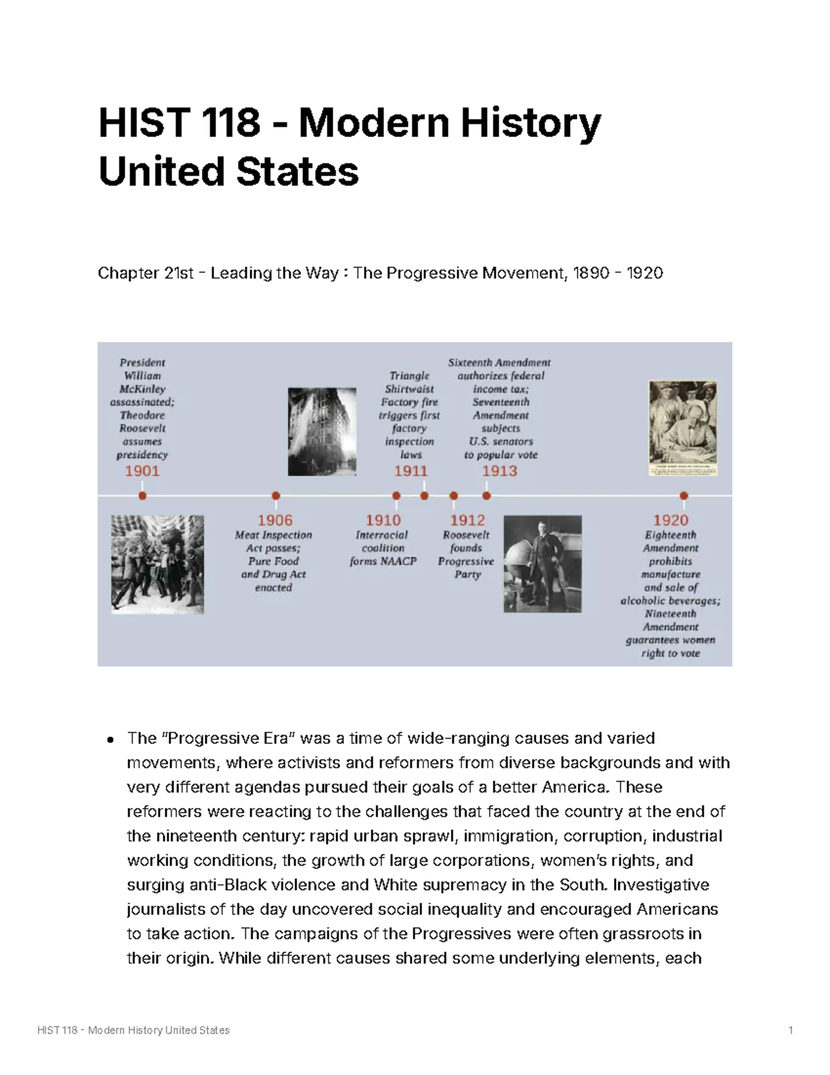 HIST 118 Modern History: The Progressive Movement (1890-1920) - Studocu