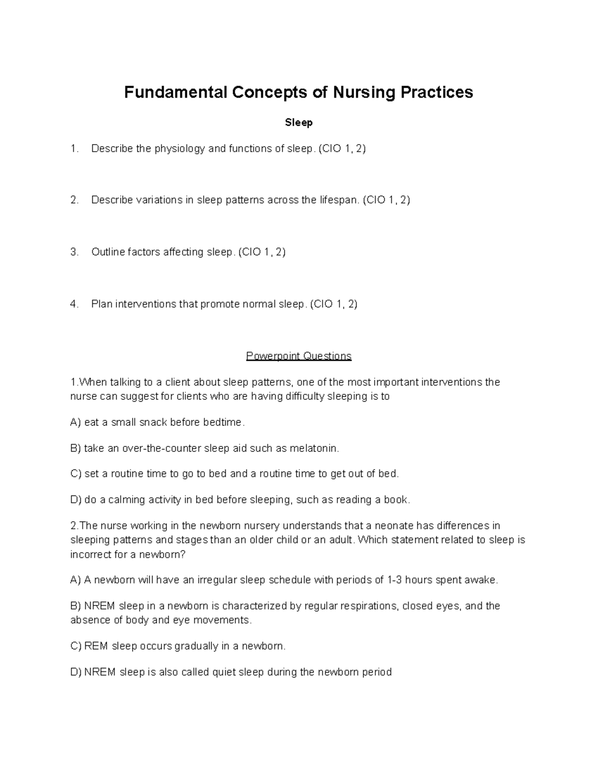 NUR 101 Final Exam Review: Sleep Patterns and Nursing Interventions ...