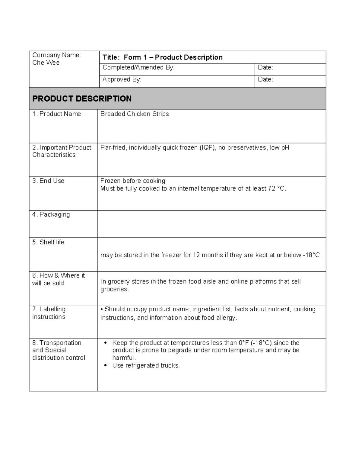 HACCP Forms 1-4 for Breaded Chicken Strips Analysis - Studocu
