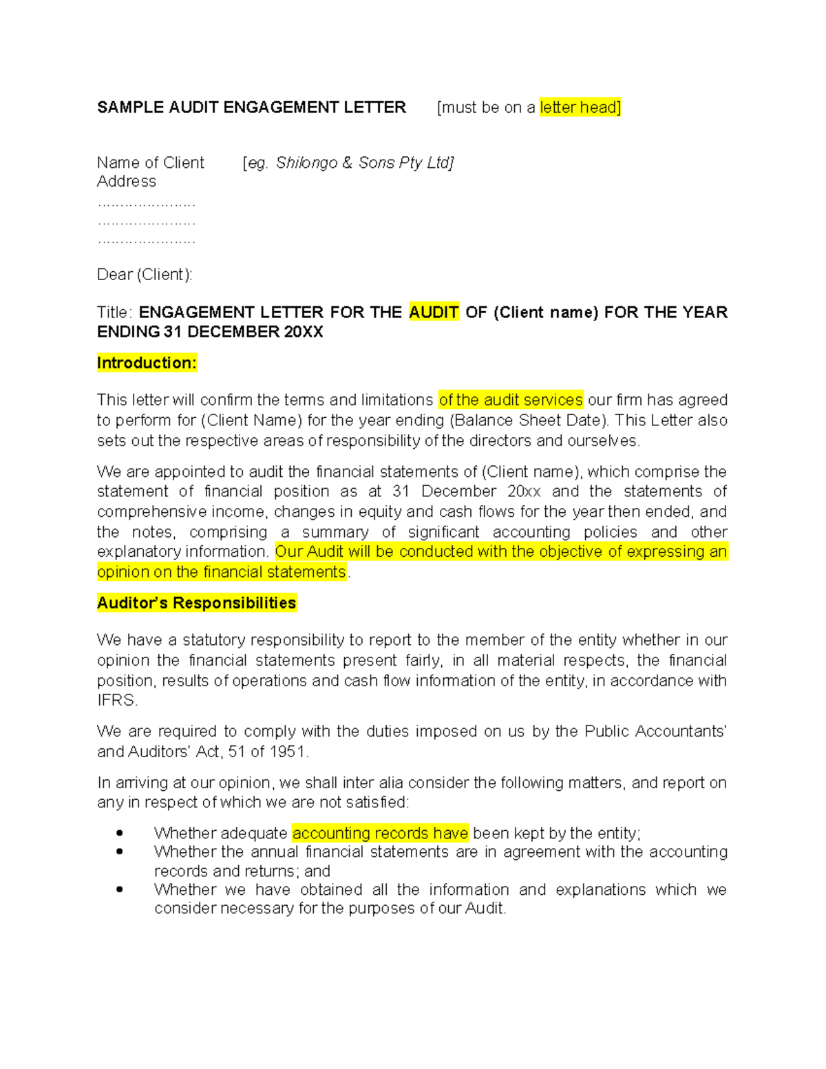 ENGAGEMENT LETTER FOR AUDIT OF (CLIENT NAME) - YEAR ENDING 20XX - Studocu