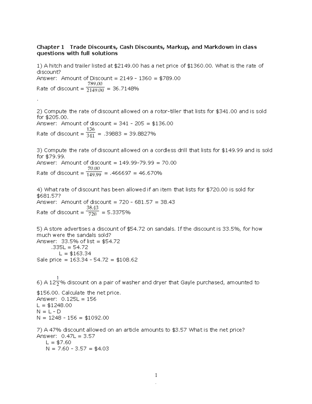 OPMT 1110 & 3510 Chapter 1 Practice Questions on Trade Discounts ...