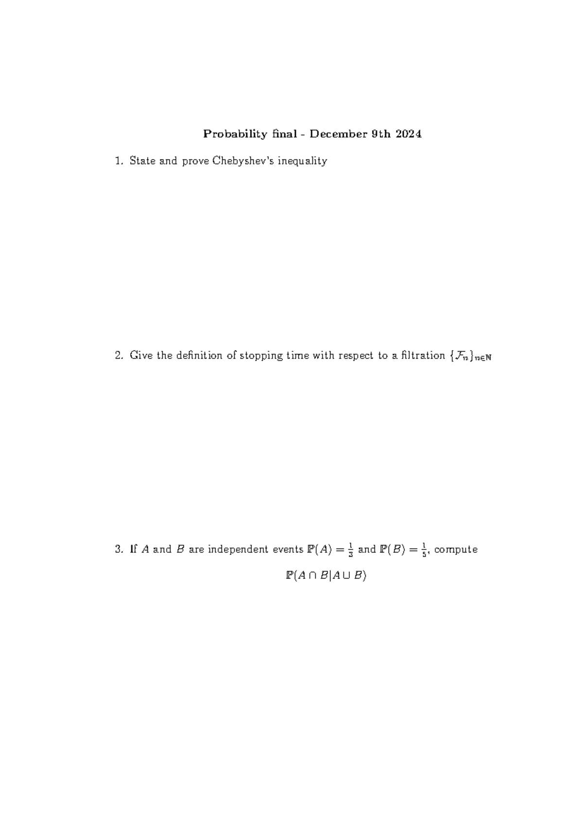 Probability Final Exam Mock - December 9, 2024 - Studocu