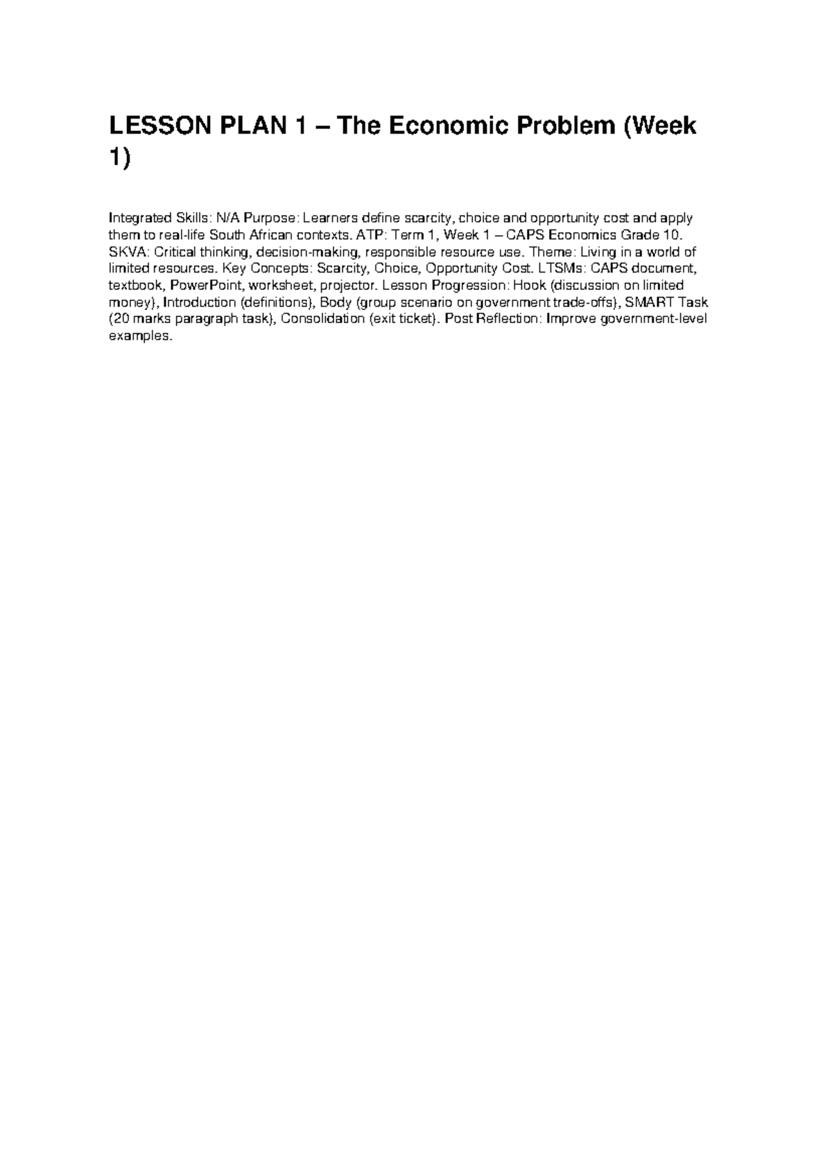 Grade 10 Economics Term 1 WIL Lesson Plans: Key Concepts & Activities ...