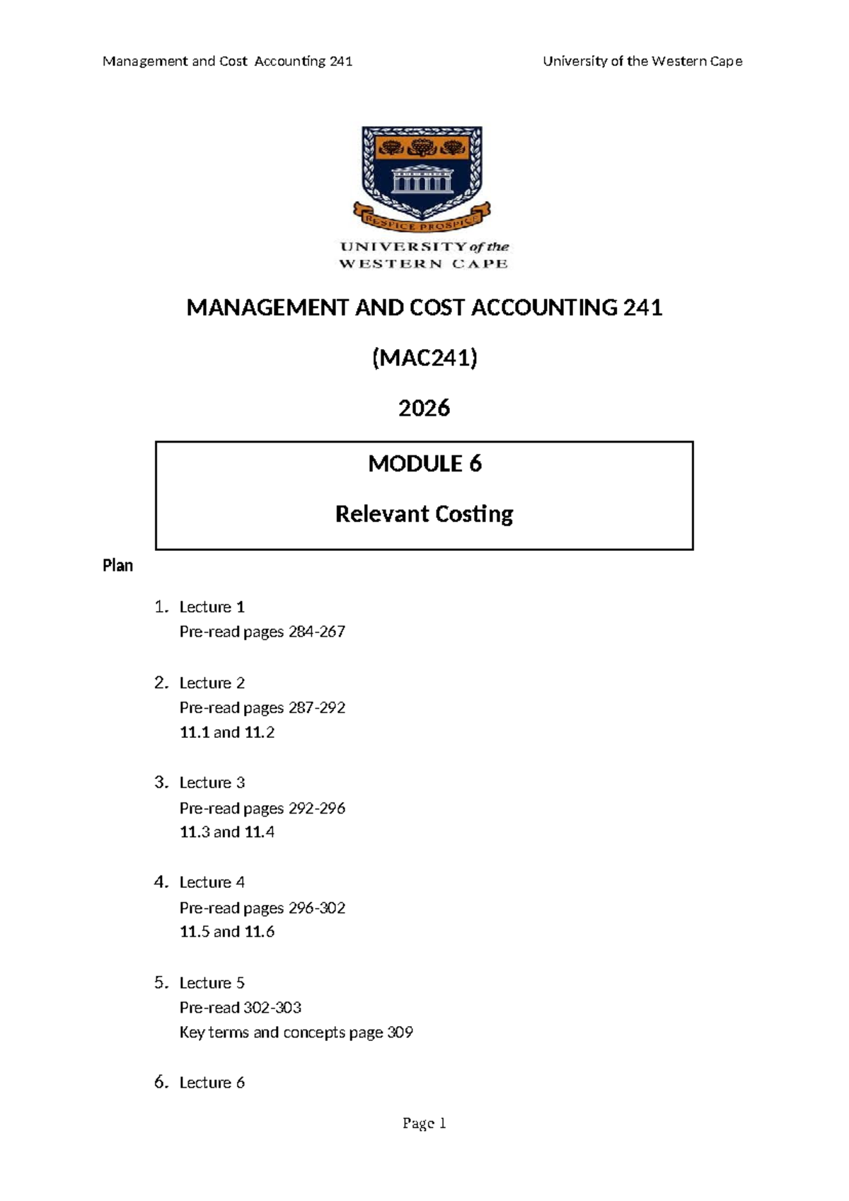 Management and Cost Accounting 241 (MAC241) Relevant Costing Notes ...