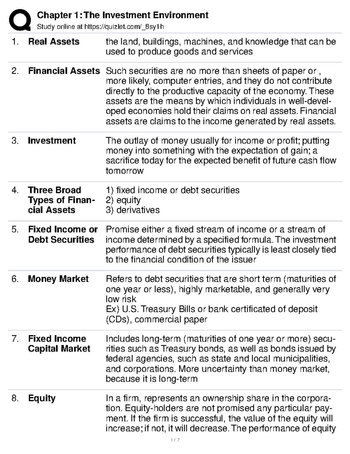 Chapter 1 Quizlet Summary: Key Concepts in Finance and Investment - Studocu