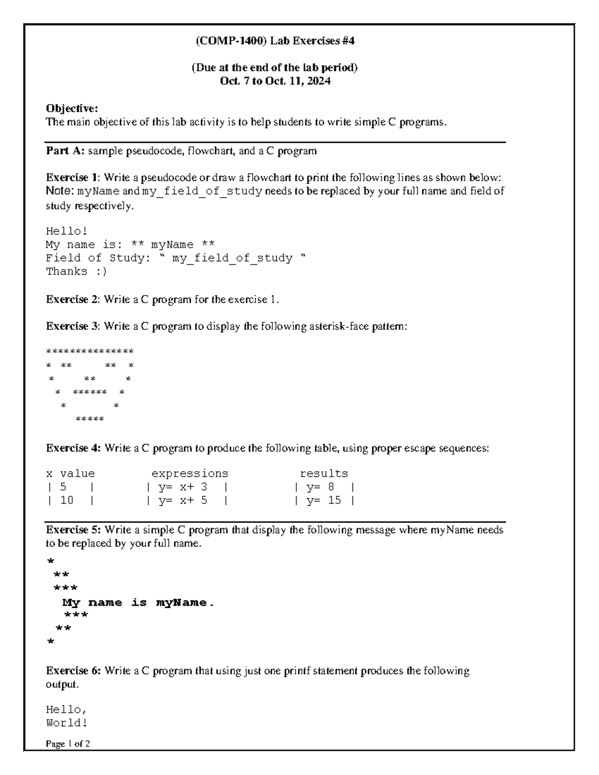 Lab4-F2024: C Programming Lab Exercises (Due Oct. 11, 2024) - Studocu