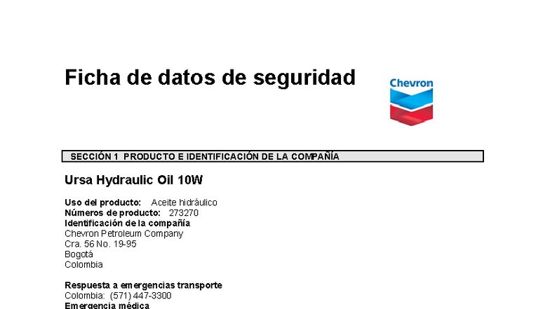 Ficha de Datos de Seguridad: Aceite Hidráulico Ursa 10W SDS - Studocu