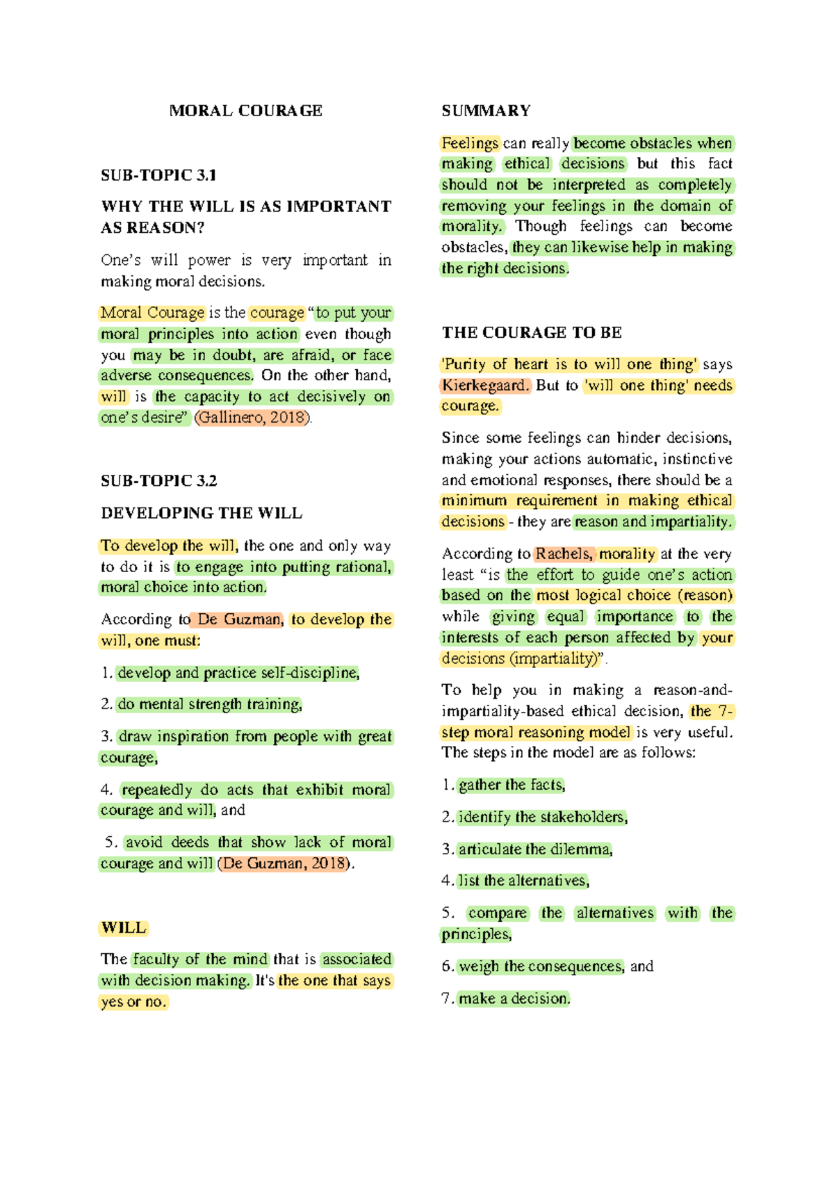 Moral Courage Lecture Notes (ETHICS 101): The Will and Decision Making ...
