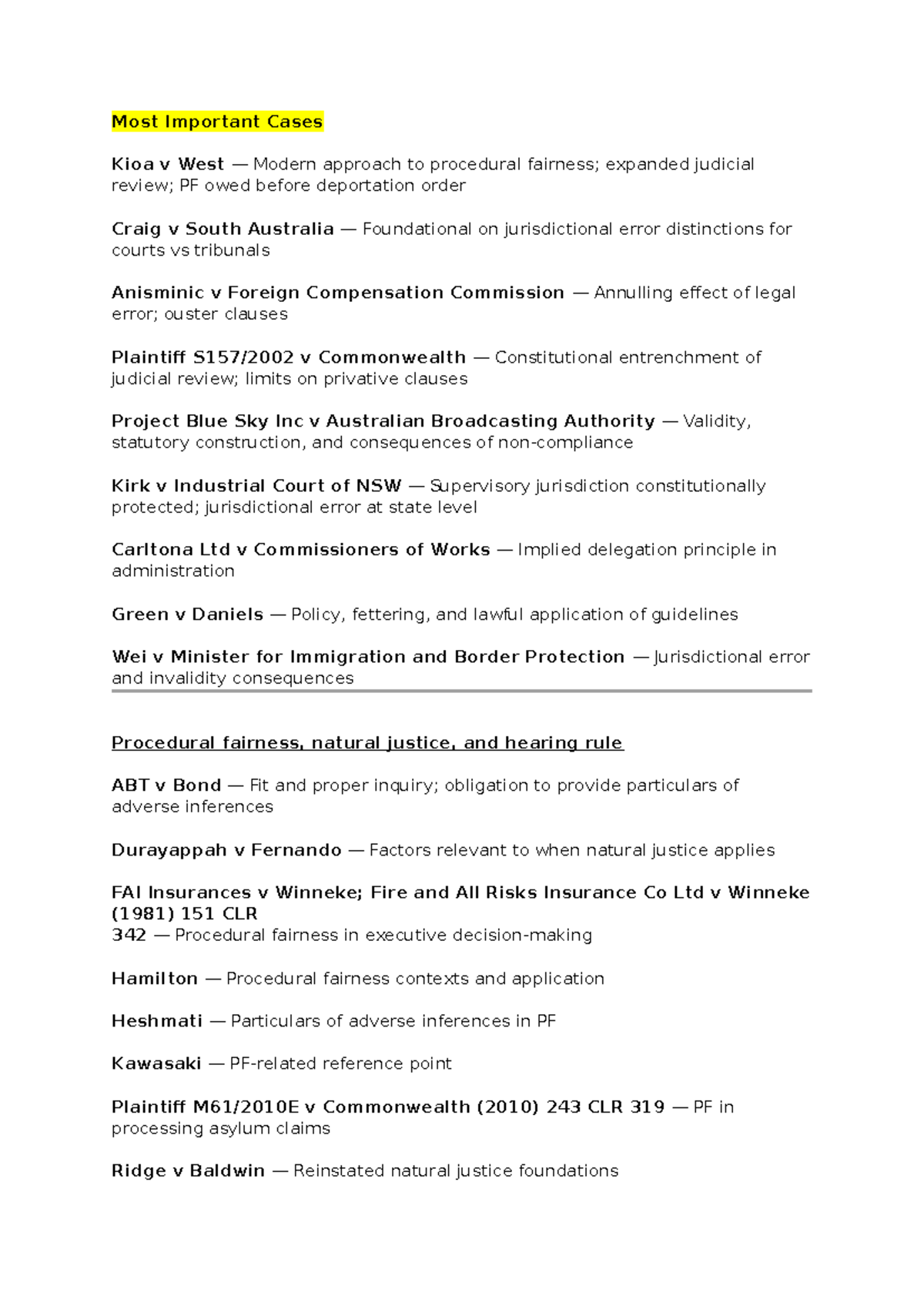 Law400 Final Exam Case List - Administrative Law Key Cases - Studocu