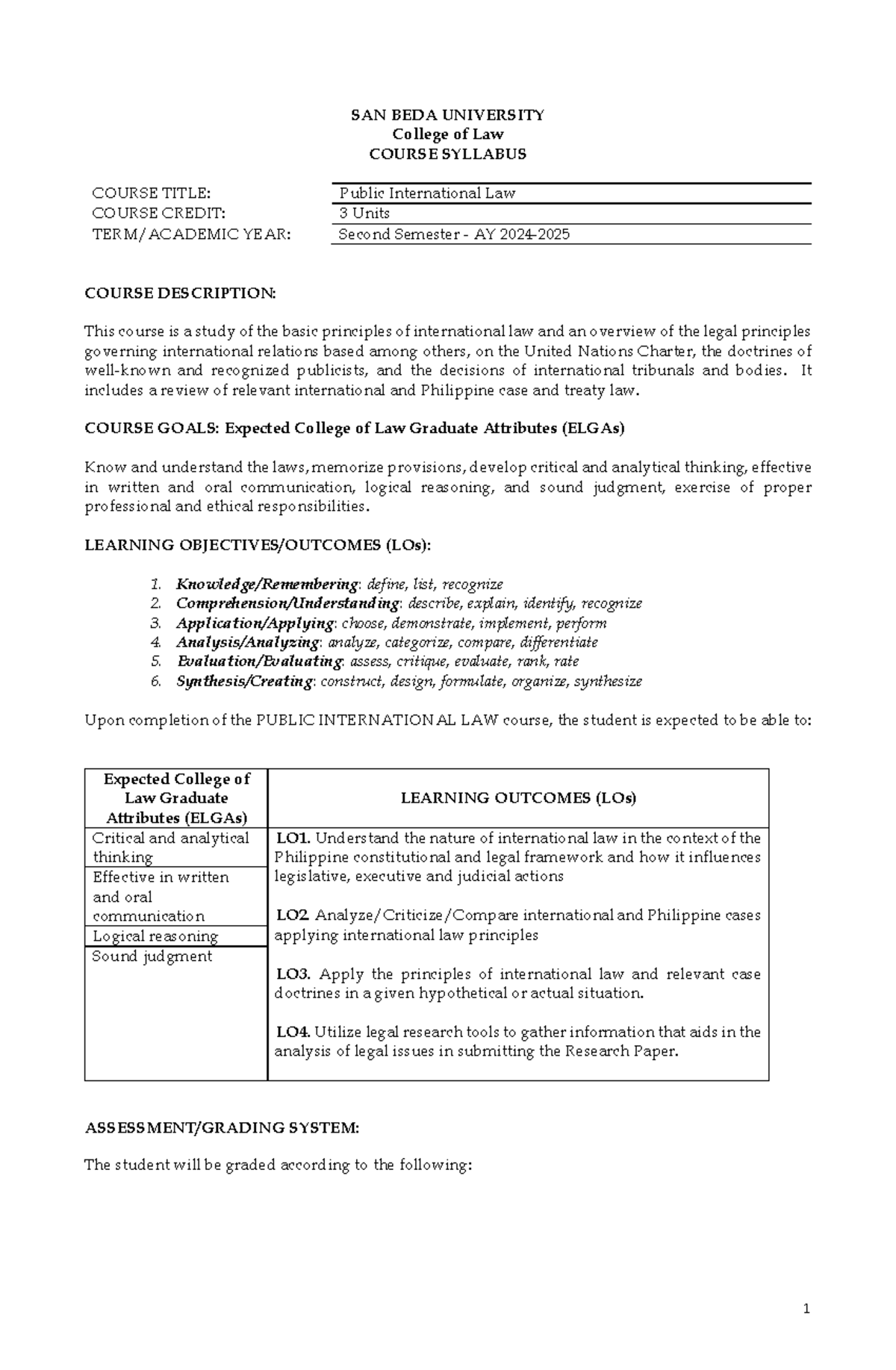 PIL 2024-2025 Dept. Syllabus: Public International Law Final Exam Guide ...