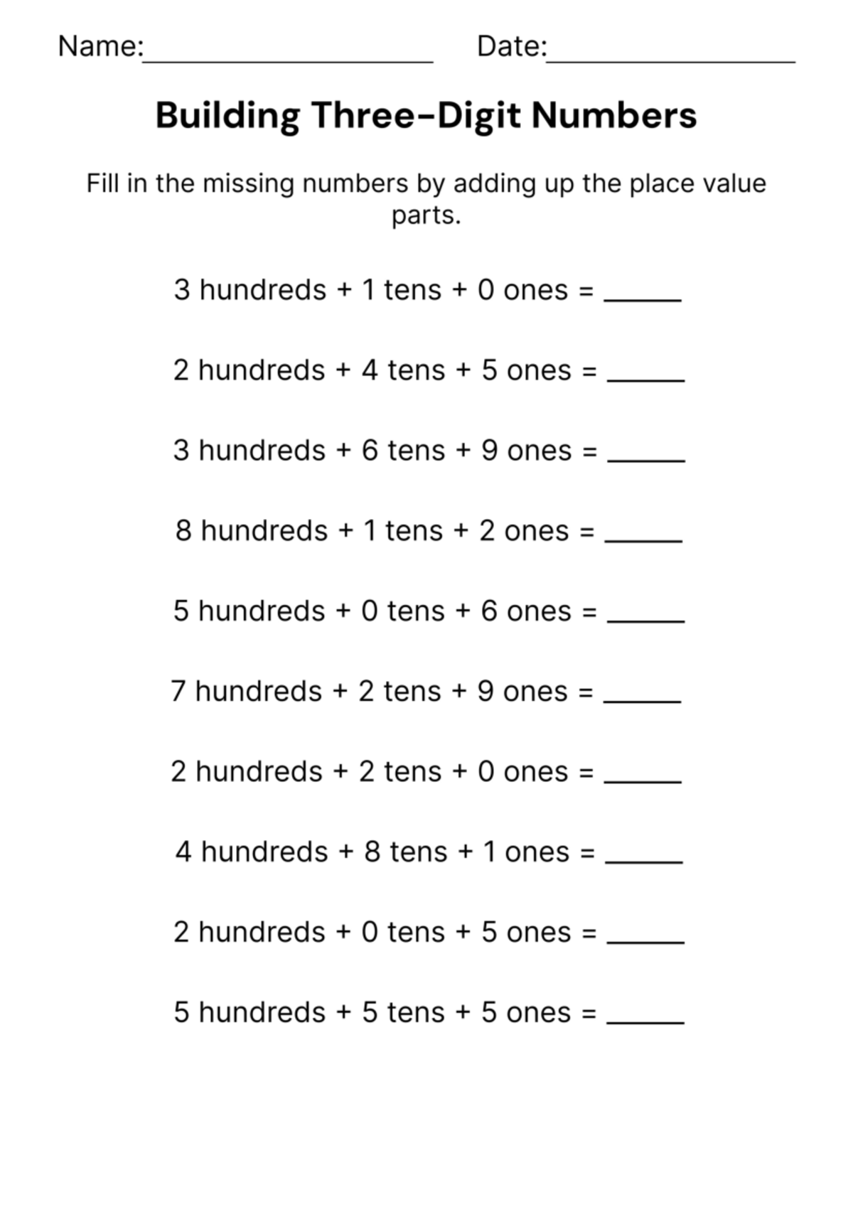 Building Three-Digit Numbers Worksheet – Version 1 - Name: Date ...