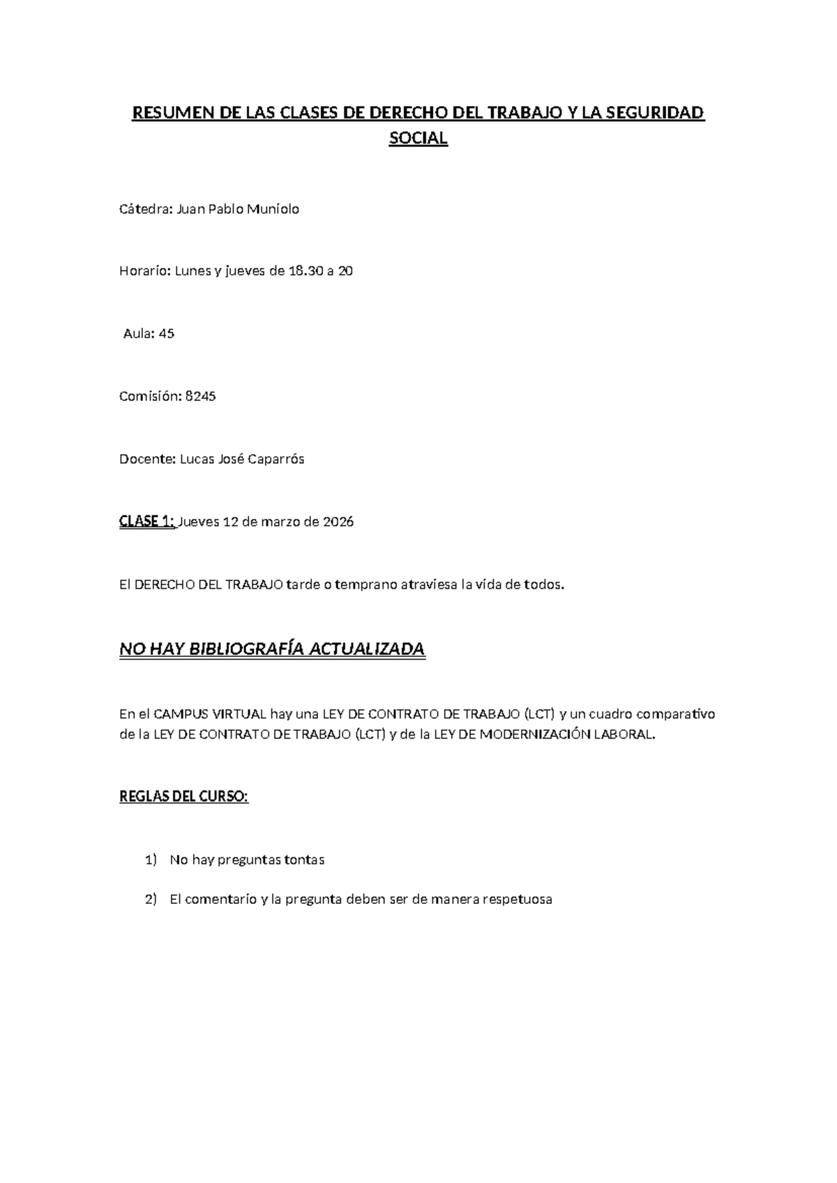 Resumen de Clases de Derecho del Trabajo y Seguridad Social - Cátedra ...