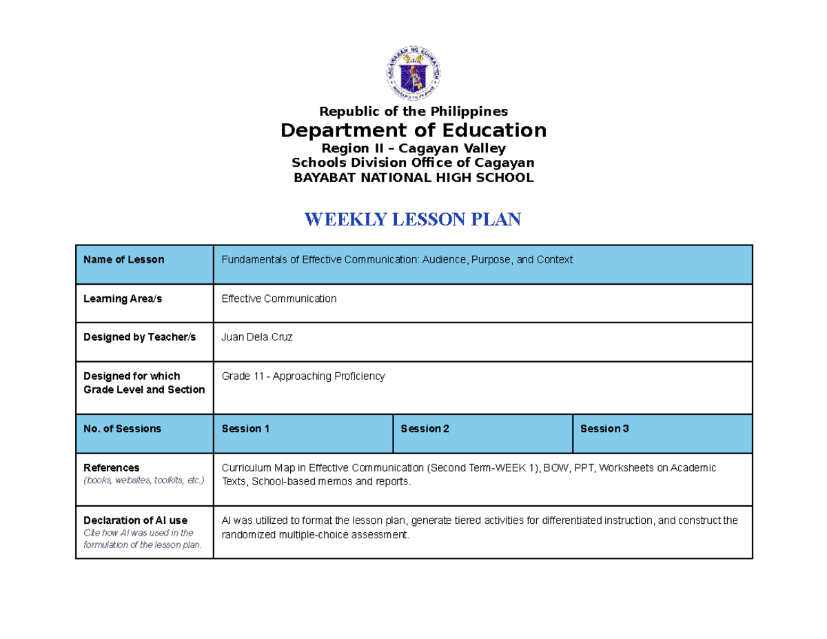 EC T2 WEEK 1: Fundamentals of Effective Communication Lesson Plan - Studocu