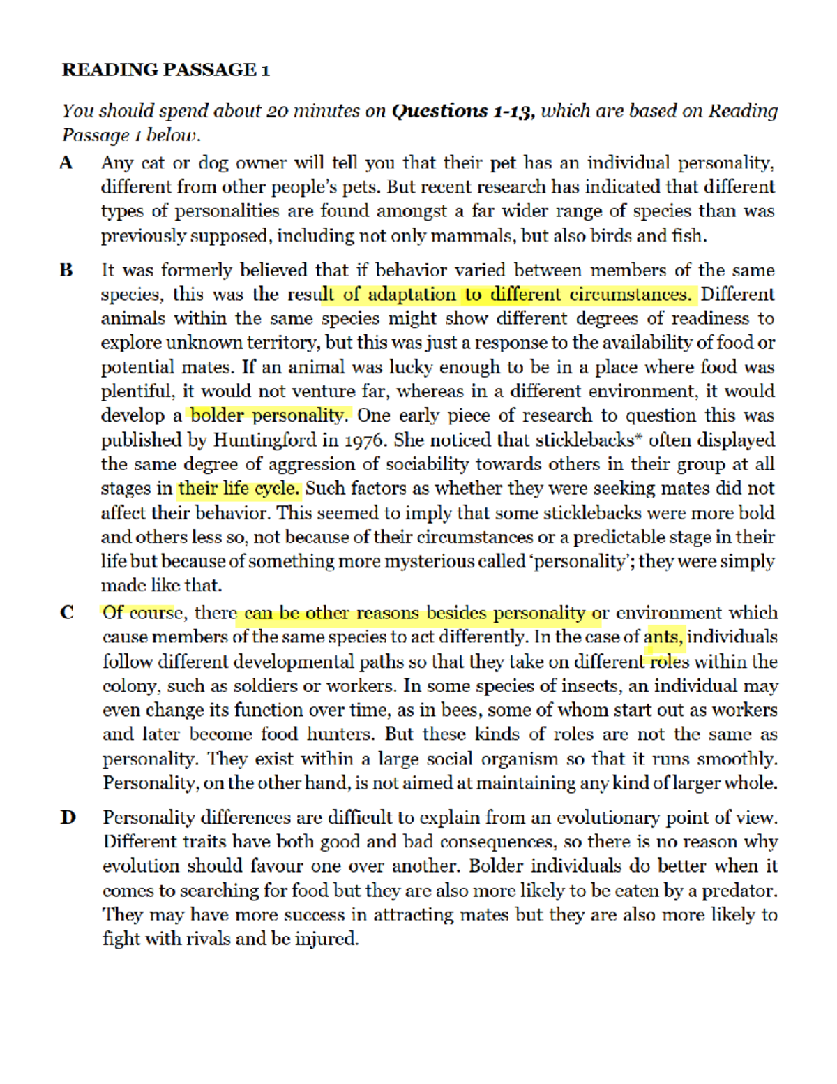 Reading passage 1: Understanding animal personalities and behavior ...