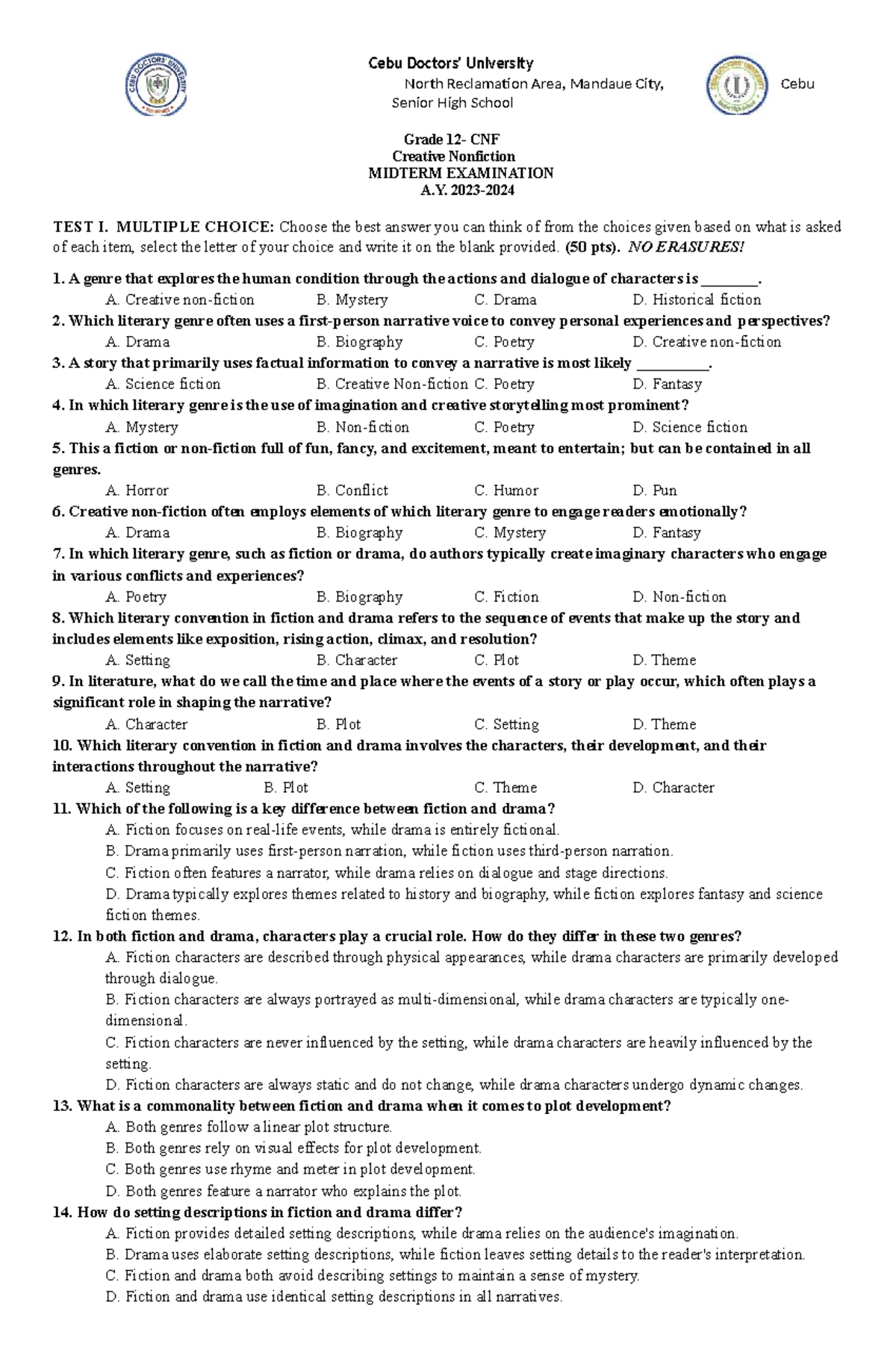 CNF - Creative Nonfiction Midterm Exam Review and Questions - Studocu
