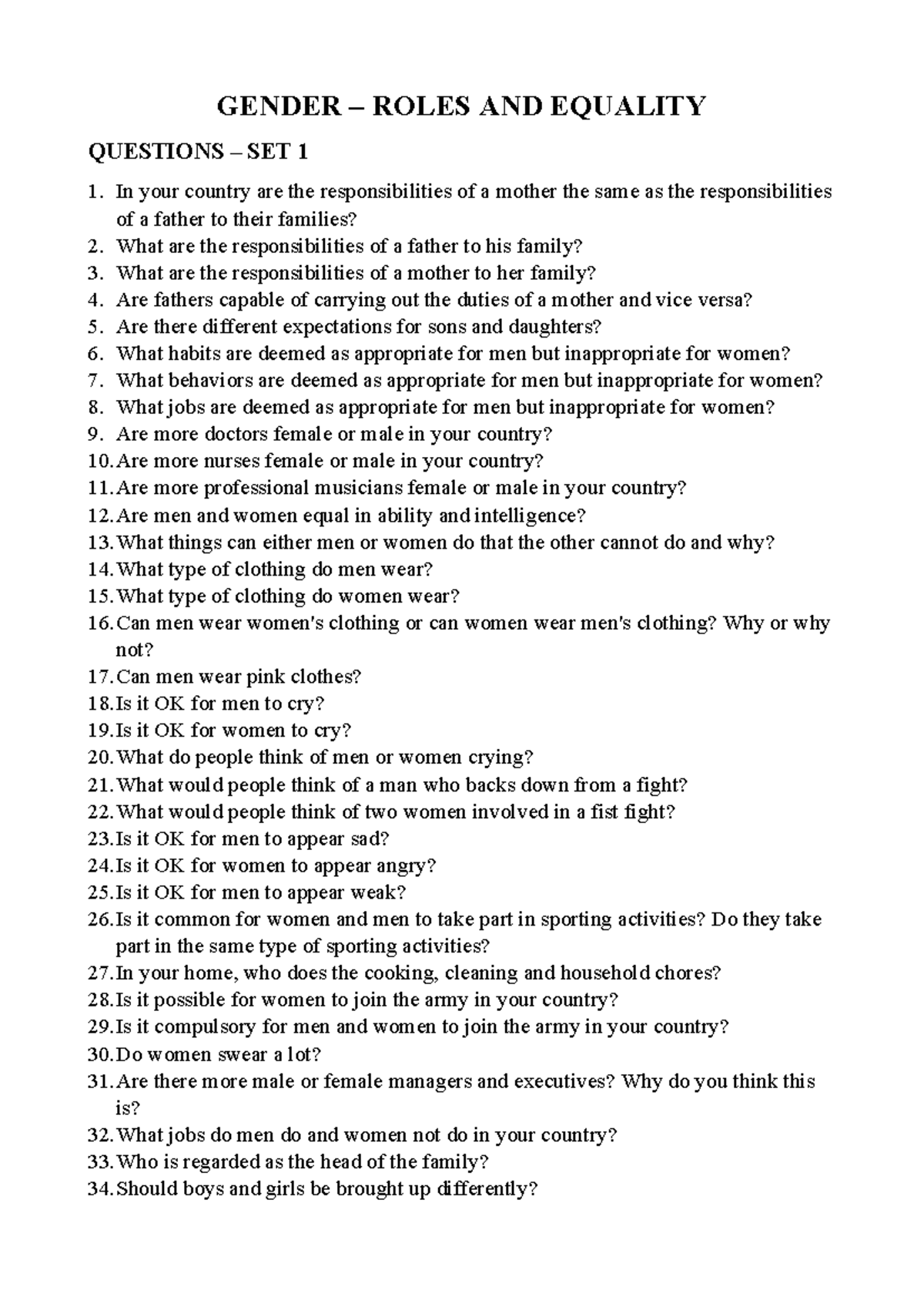 Gender- Roles AND Equality - GENDER – ROLES AND EQUALITY QUESTIONS ...