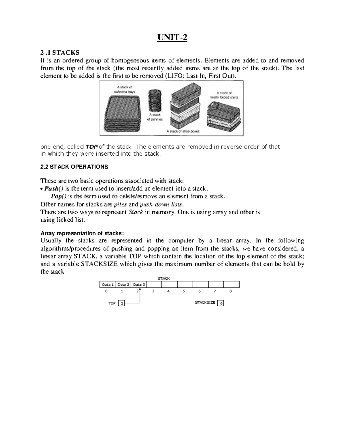 UNIT 2.1: Stacks Fundamentals and Operations - DSA Notes - Studocu