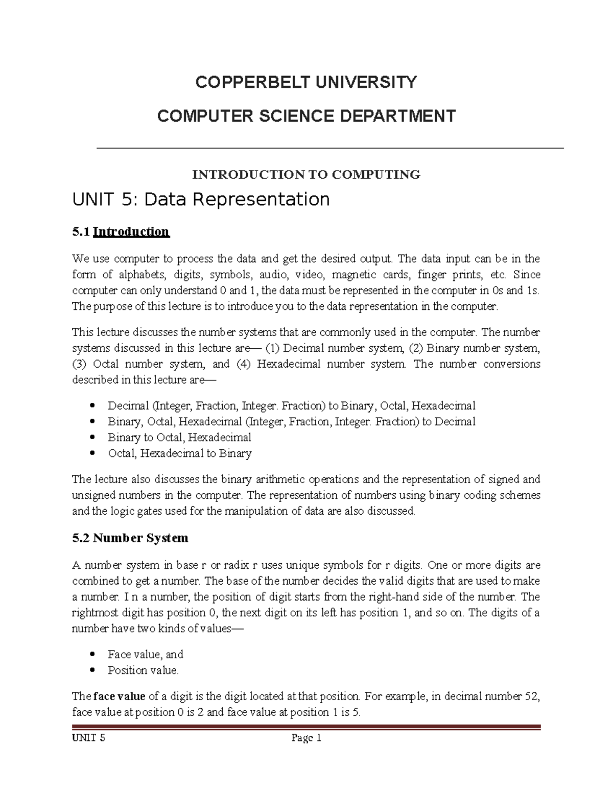 COPPERBELT UNIVERSITY CS 101 LECTURE: Data Representation in Computing ...