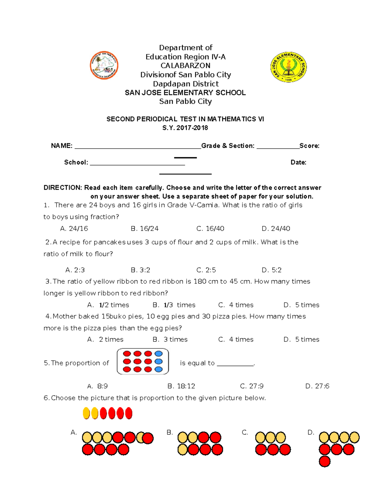 Mathematics VI Second Periodical Test (S.Y. 2023) - San Jose Elementary ...