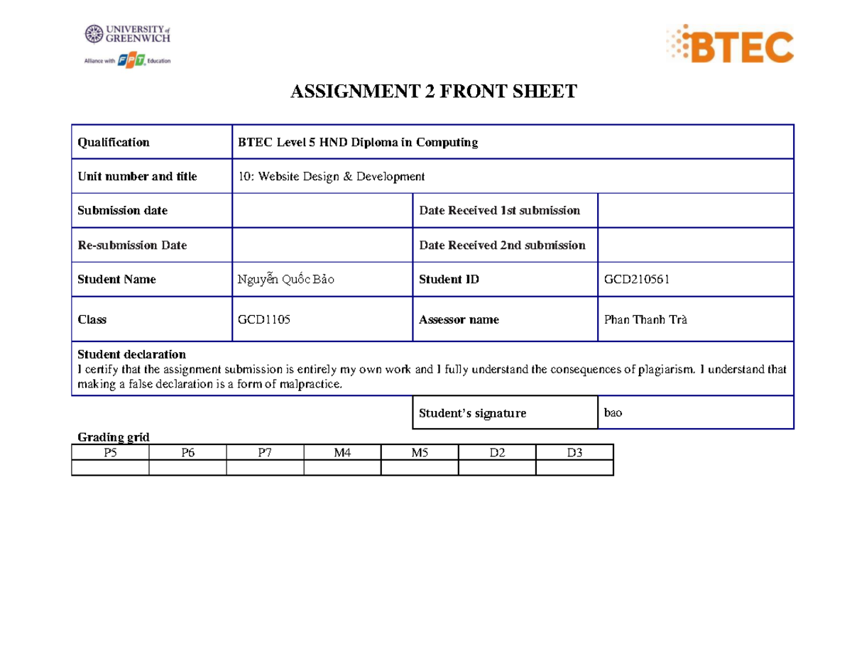 Baonqgcd 210561-asm2-1633 - ASSIGNMENT 2 FRONT SHEET Qualification BTEC ...
