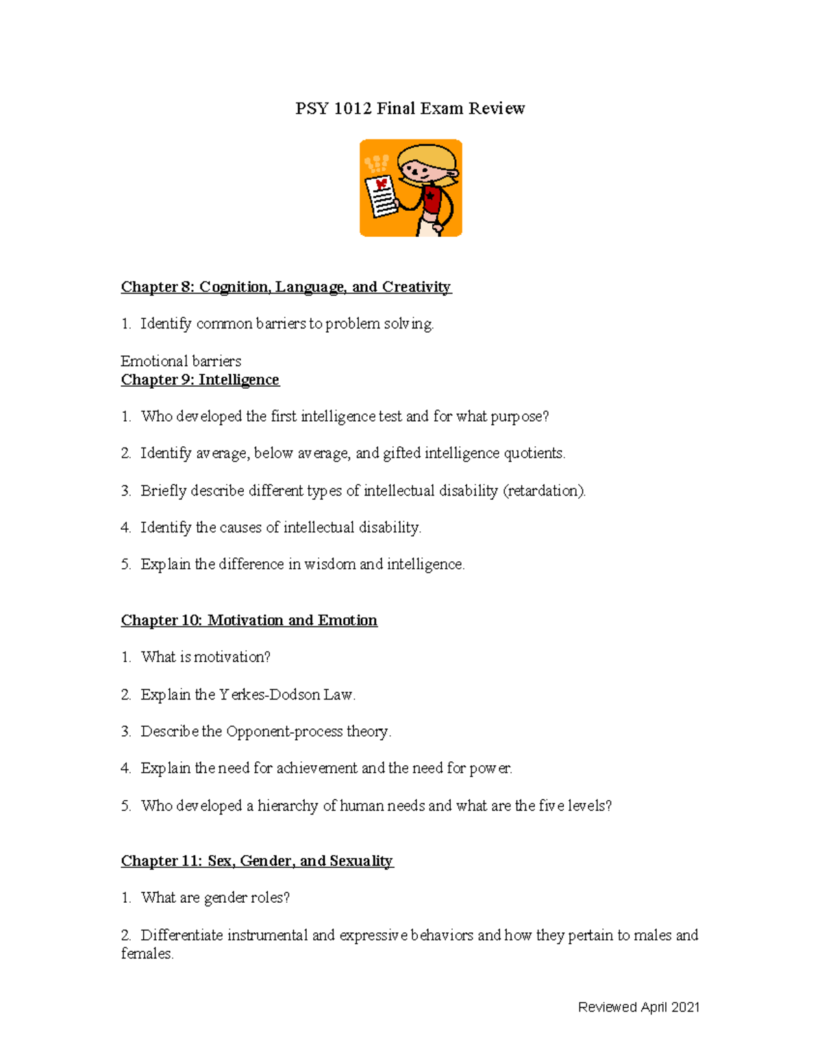 PSY 1012 Final Exam Study Guide: Key Topics and Concepts - Studocu