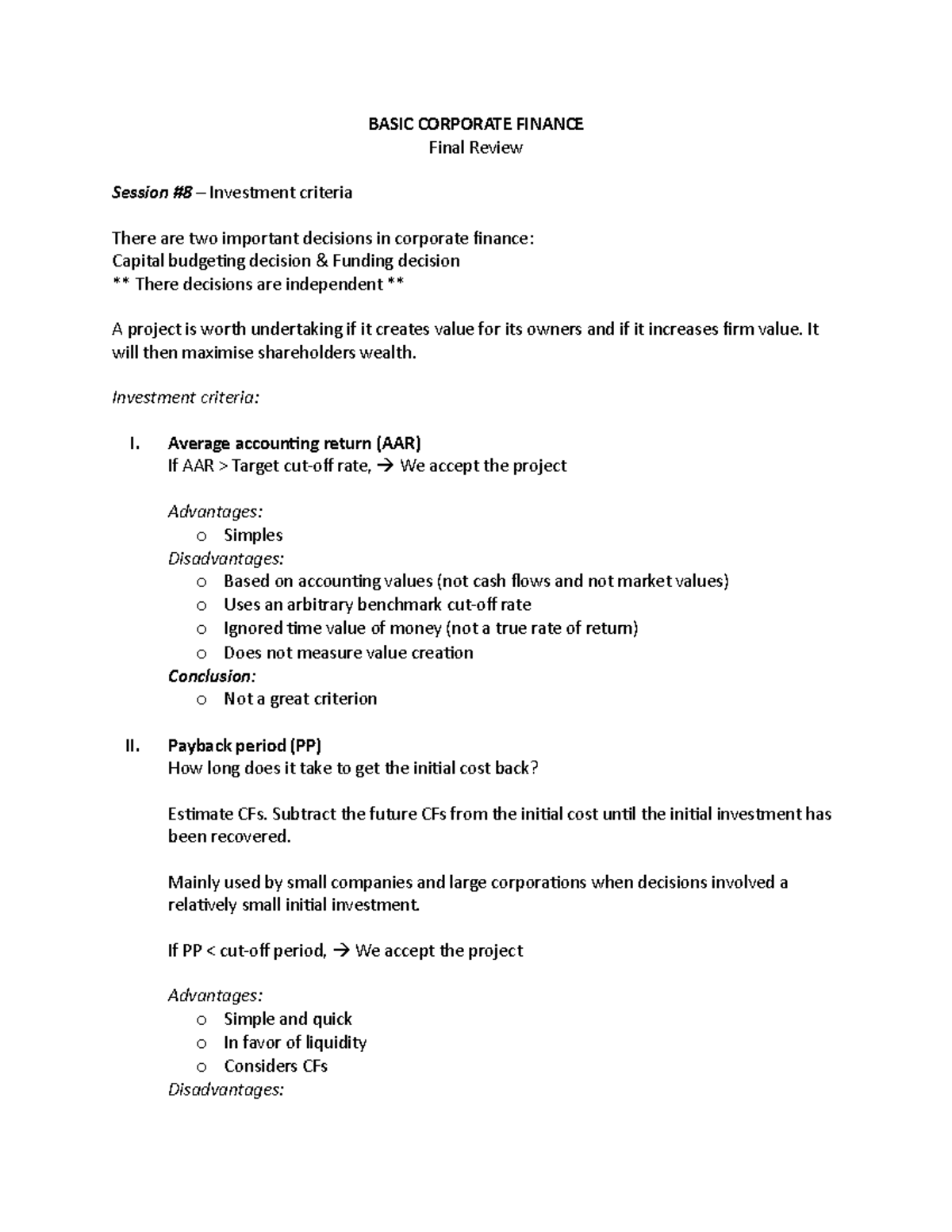 Basic Corporate Finance (FIN301) - Final Review Study Guide - Studocu