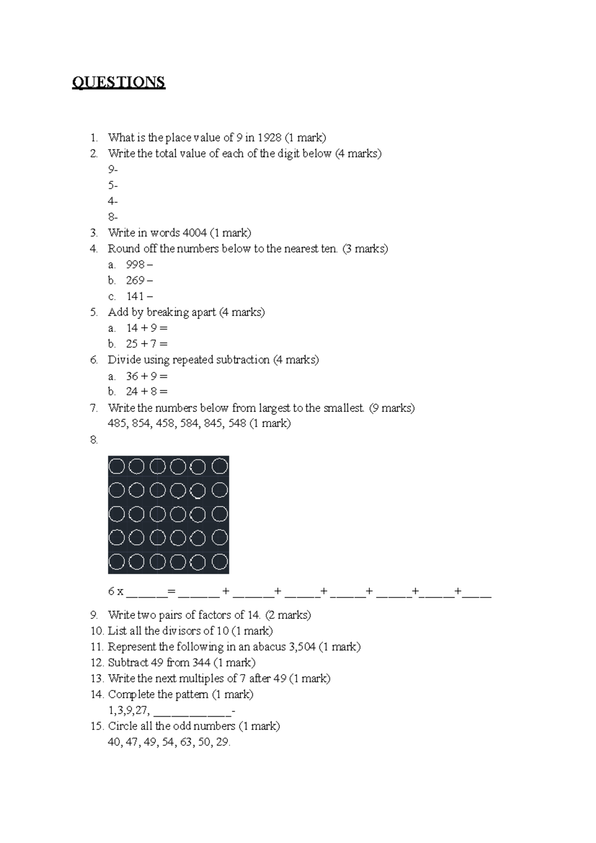 Math Questions for Practice: Place Value, Rounding, and More - Studocu