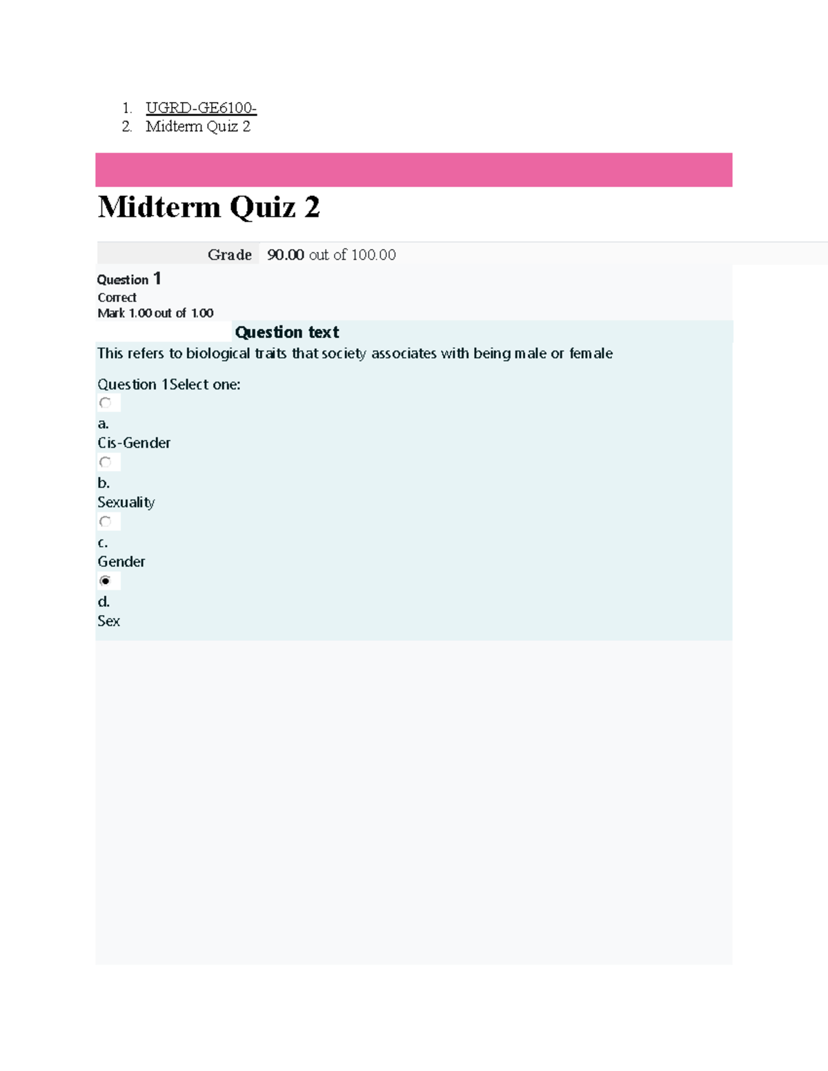 Midterm Quiz 2 - Insights on the Self and Gender Concepts - Studeersnel