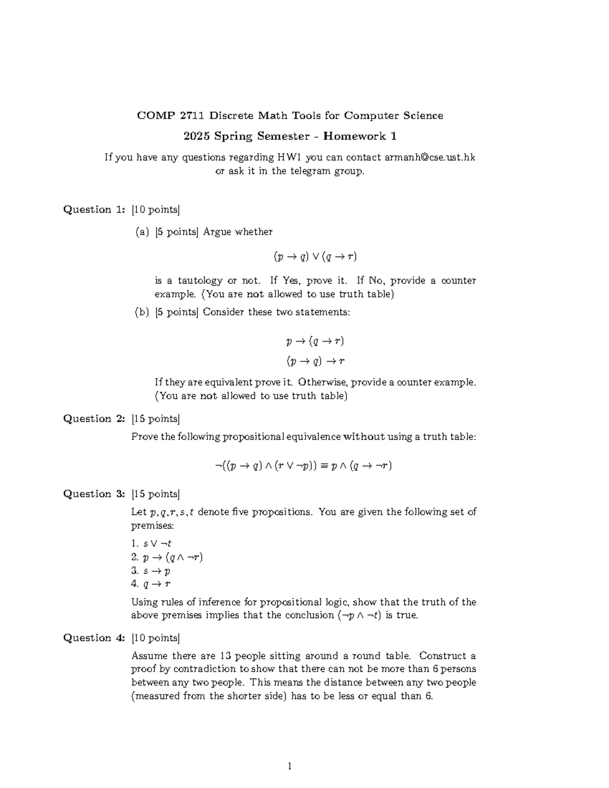 COMP 2711 Discrete Math Homework 1 - Spring 2025 Summary - Studocu