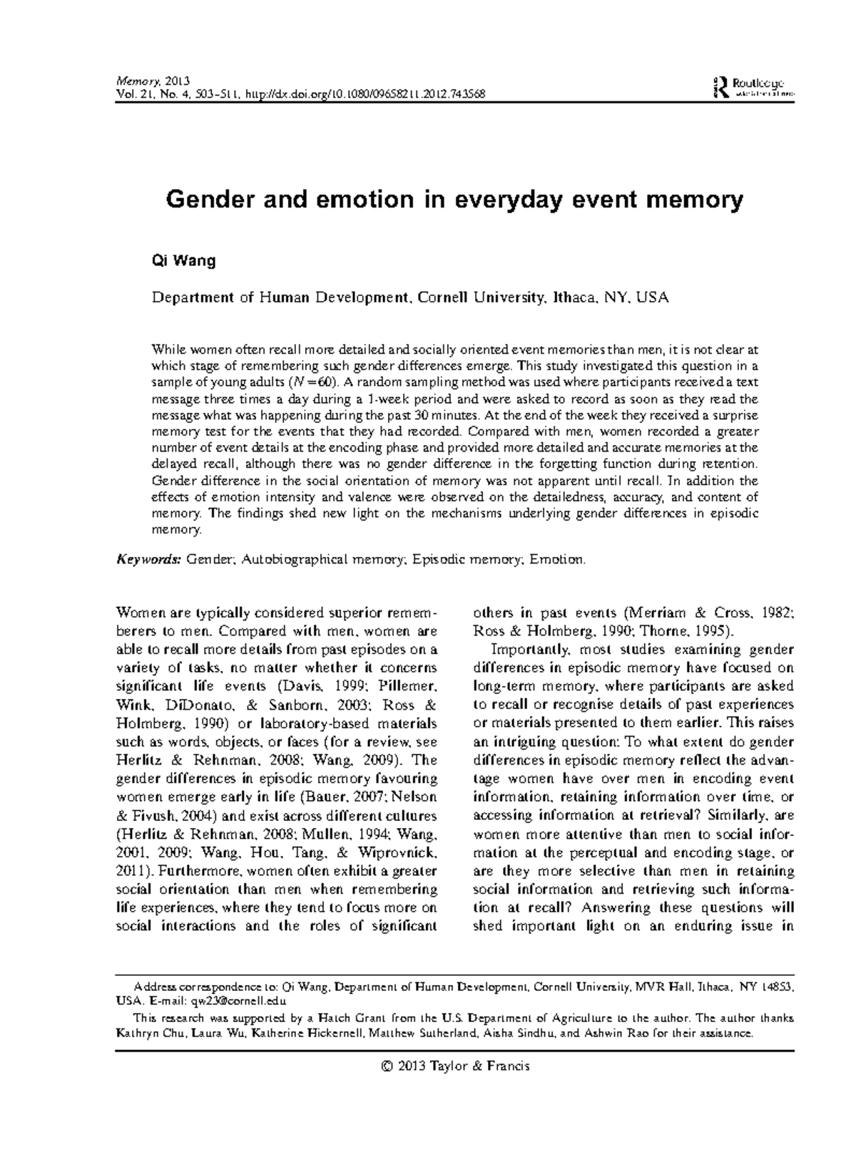 Gender Differences in Everyday Event Memory: Encoding & Recall Study ...