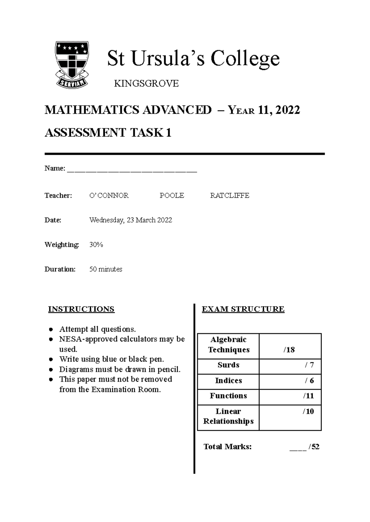 11 MATHEMATICS ADVANCED YEAR 11 ASSESSMENT TASK 1 2022 - Studocu