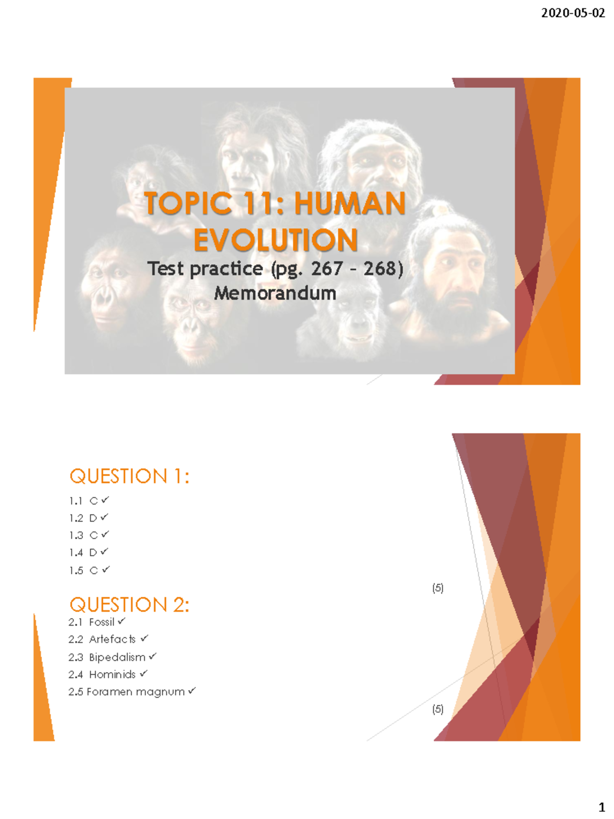 GR 12 Topic 11: Human Evolution Test Practice Memorandum - Studocu