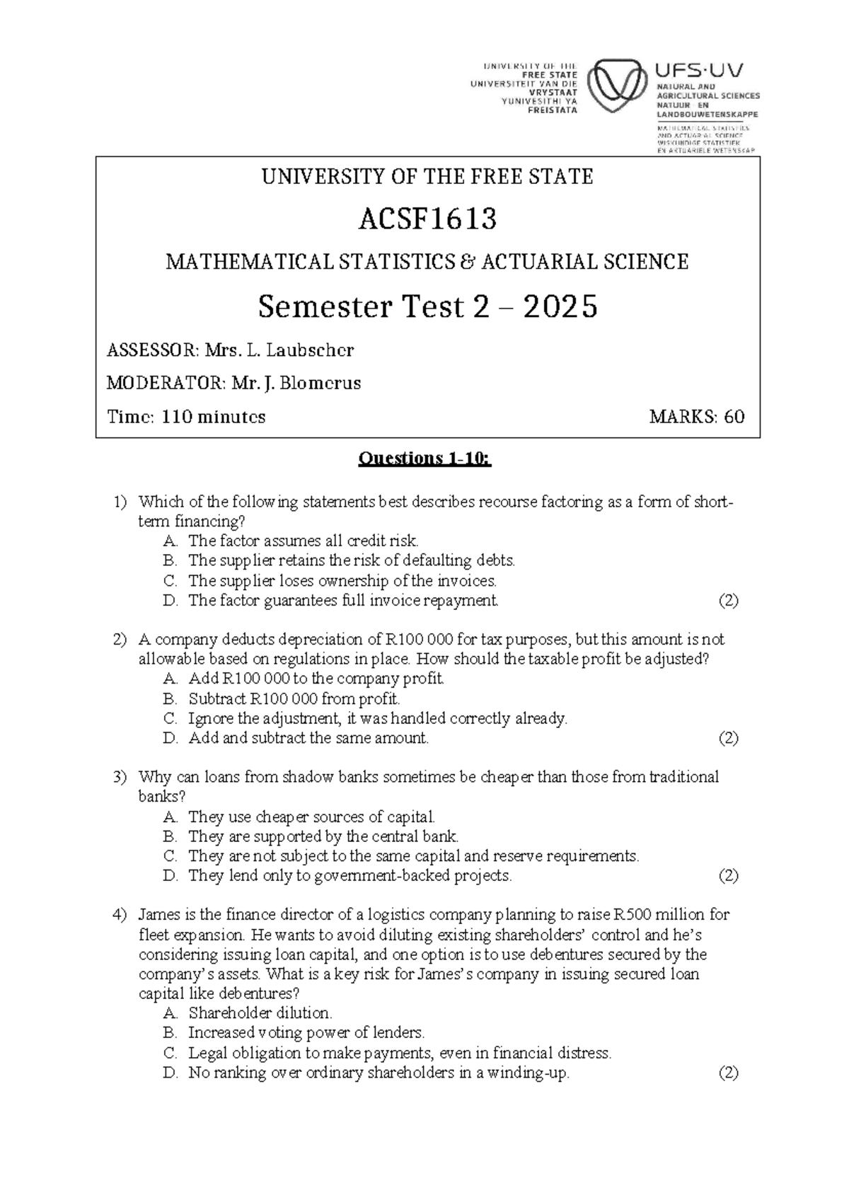 ACSF1613 Semester Test 2 2025: Mathematical Statistics & Finance - Studocu