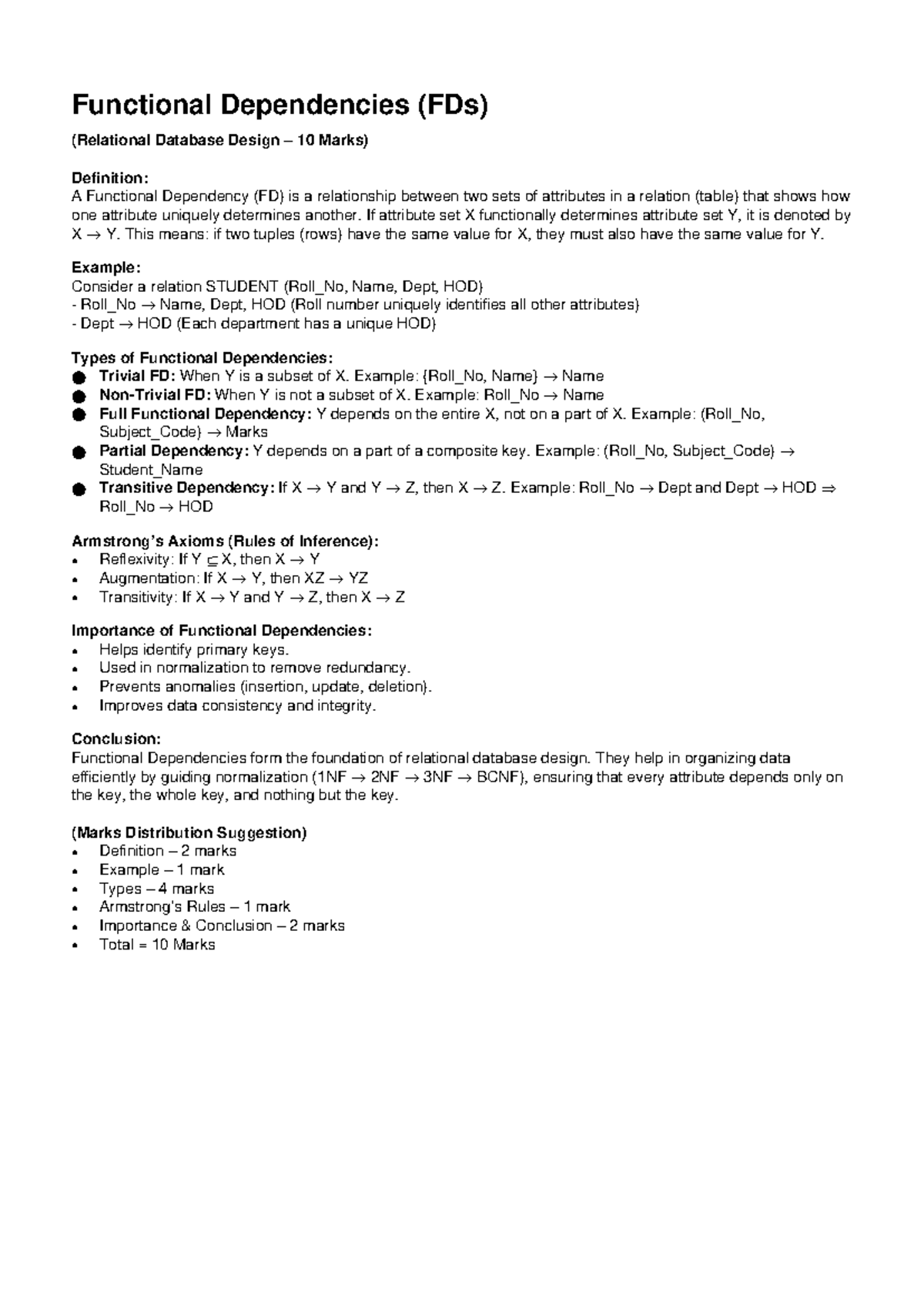 Functional Dependencies (FDs) in Relational Database Design (10 Marks ...