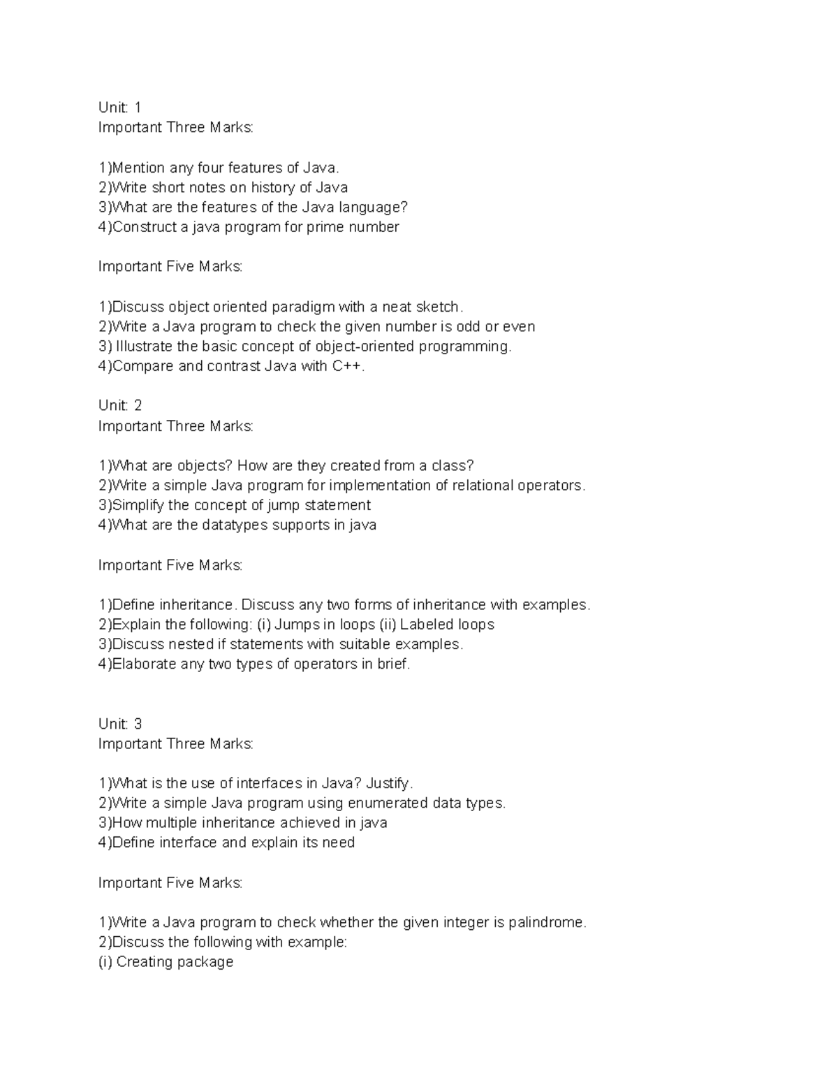 Java - Important Questions for Units 1-3 - Studocu