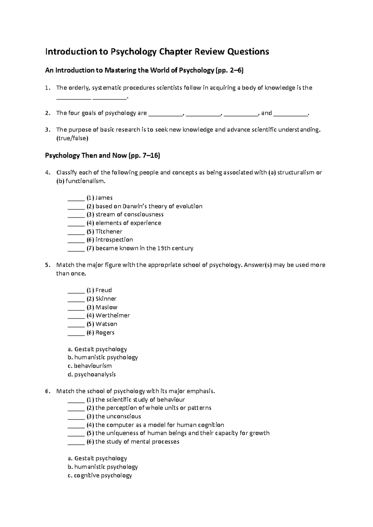 PSY 101: Introduction to Psychology Chapter Review Questions - Studocu