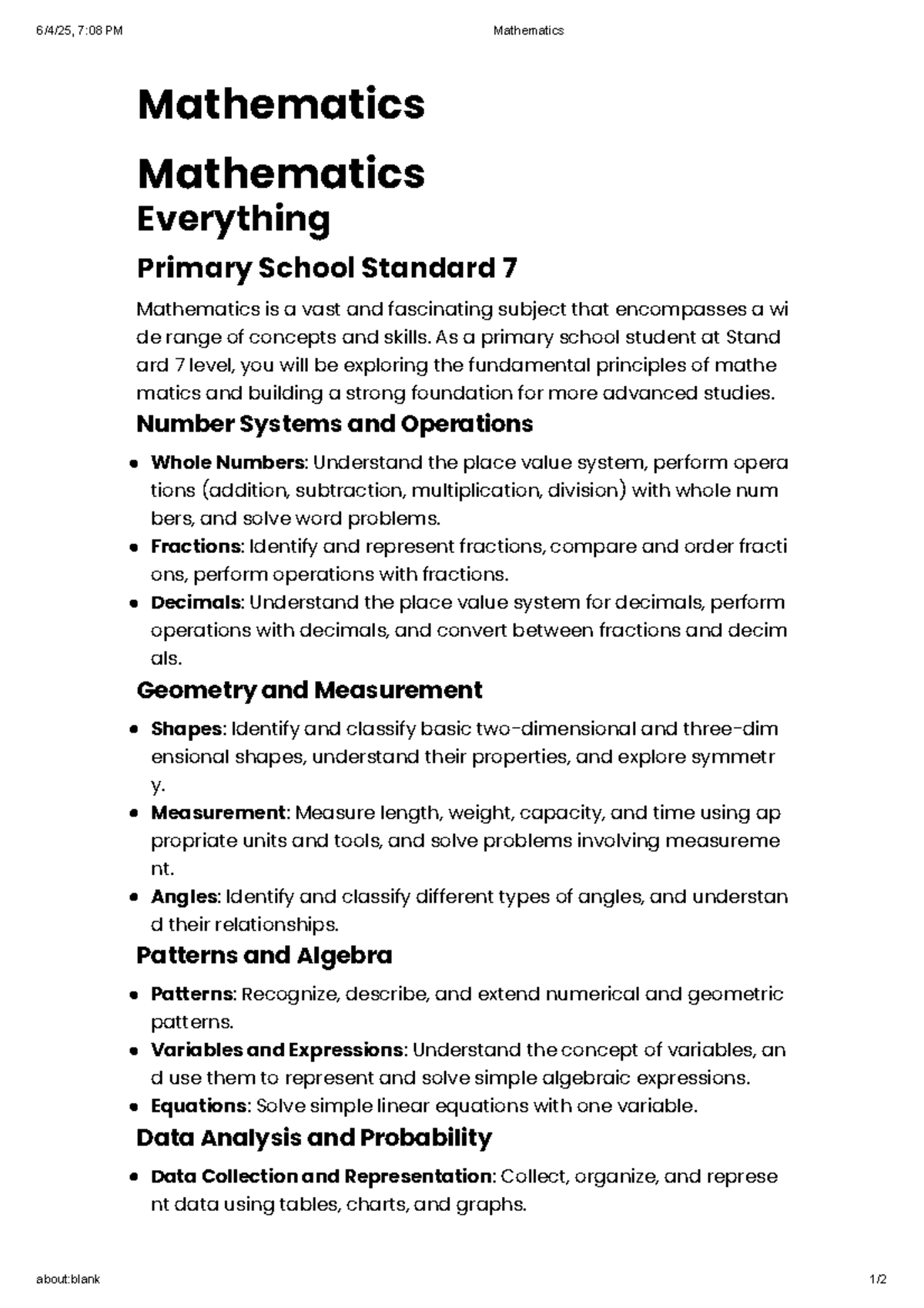 Standard 7 Mathematics Overview: Key Concepts and Skills - Studocu