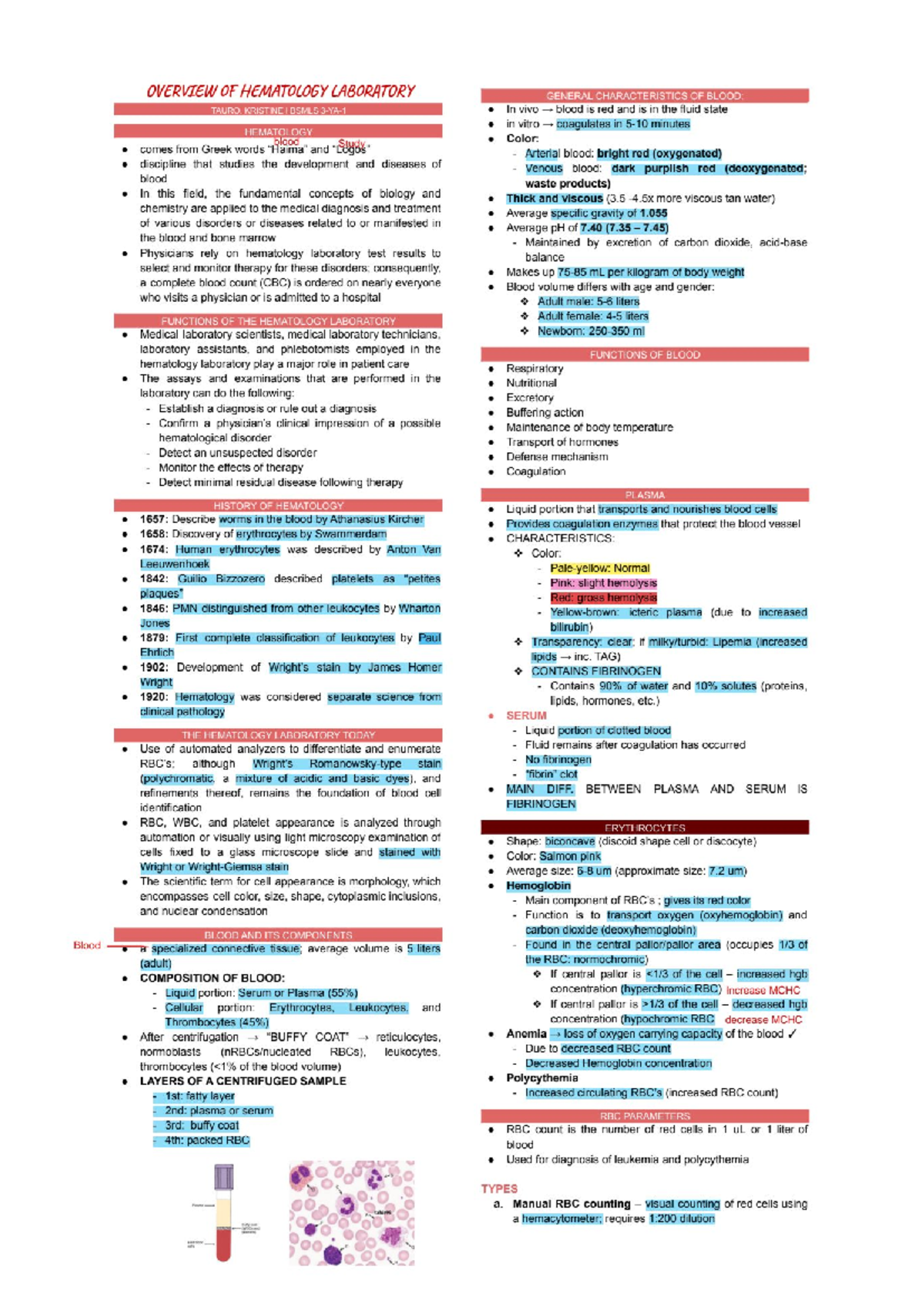 HEMA LEC - Notes - OVERVIEW OF HEMATOLOGY LABORATORY GENERAL ...