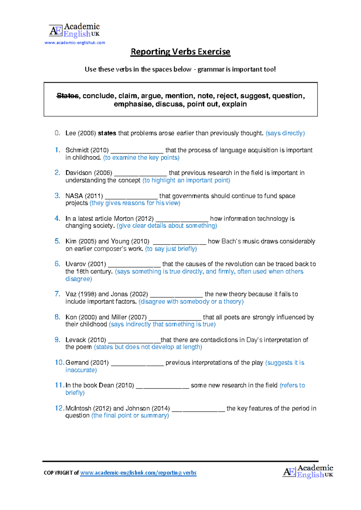 Reporting Verbs Exercise - AEUK Academic Writing & Presentation - Studocu