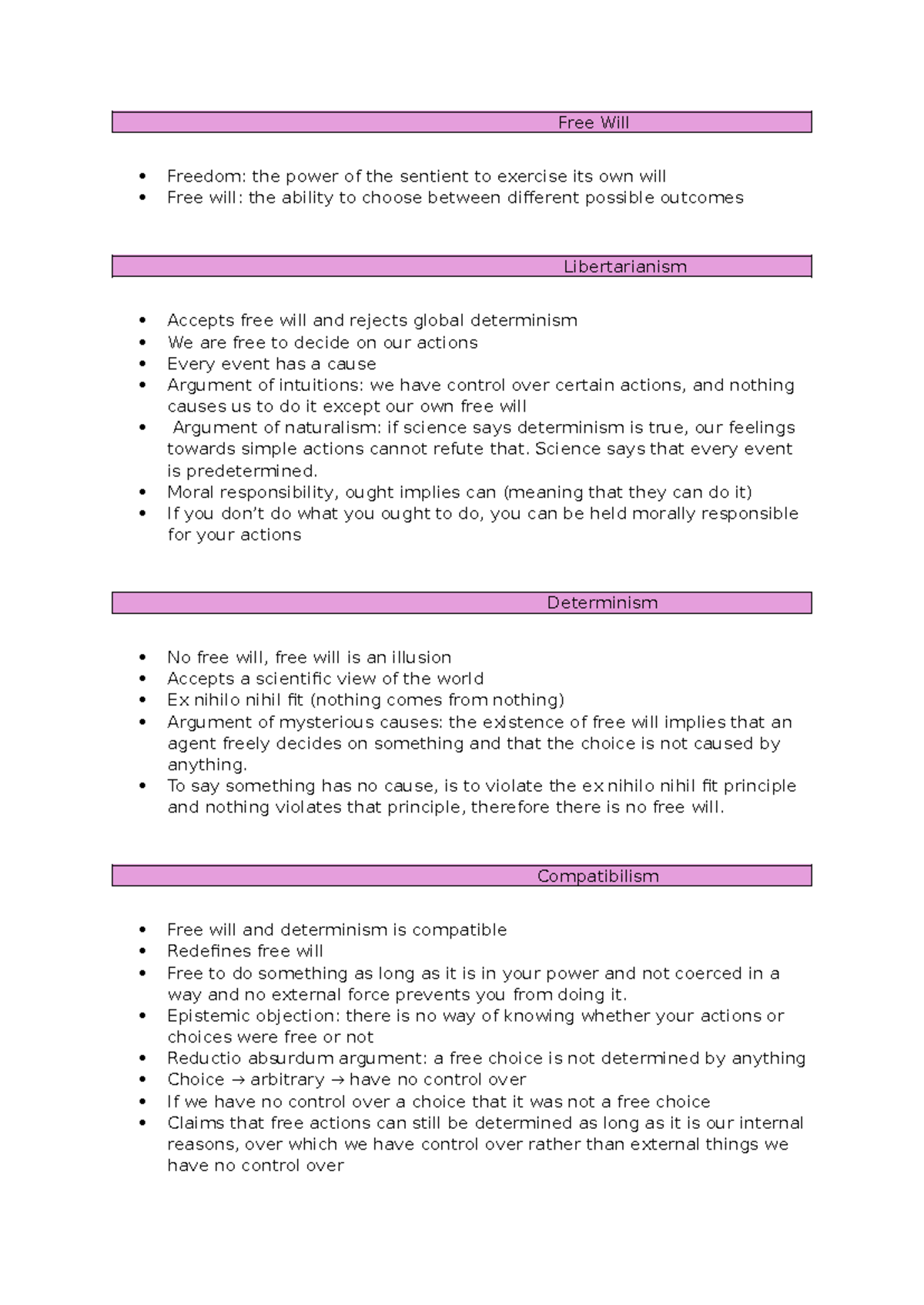 Free Will - Summary Introduction to Philosophy - Free Will Freedom: the ...