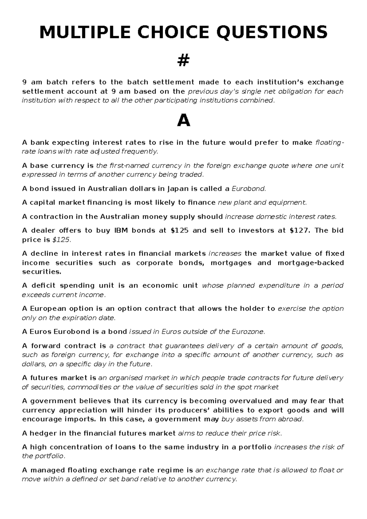 MCQ Questions - For Exam - MULTIPLE CHOICE QUESTIONS 9 am batch refers ...