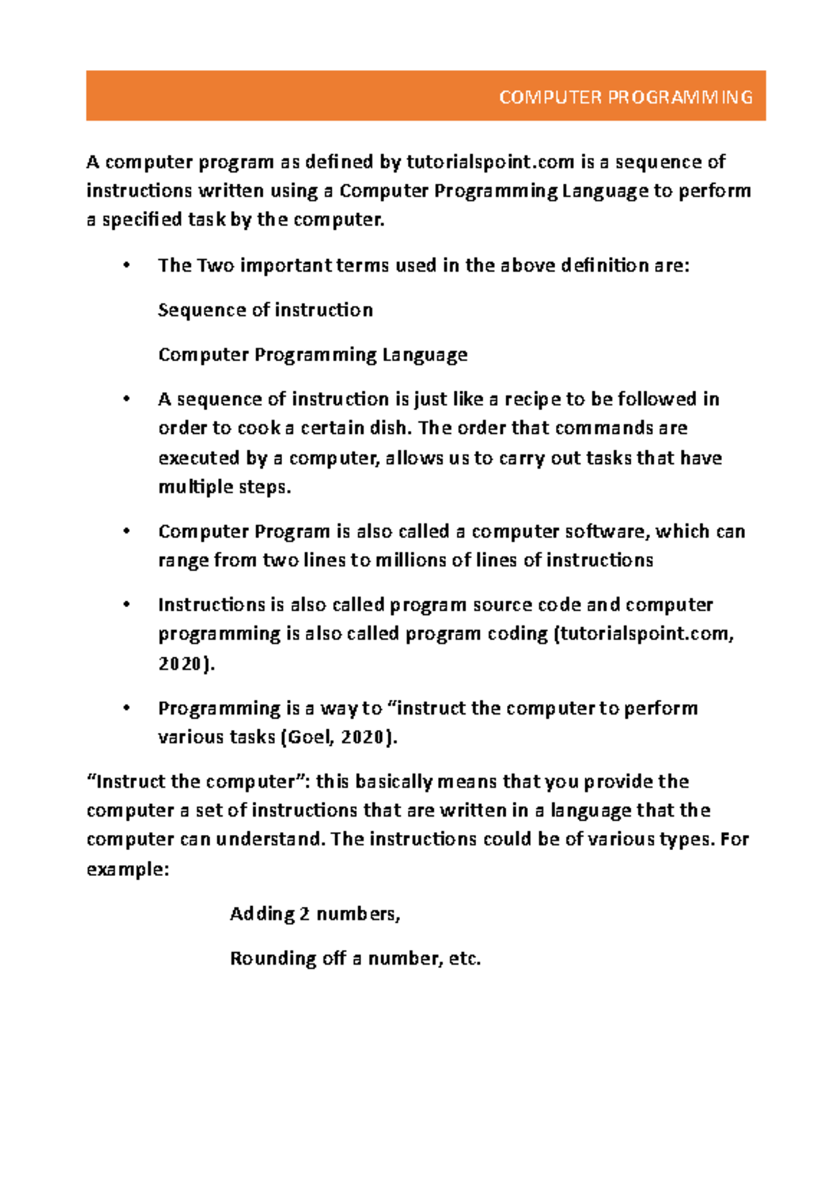 COMP 101: Introduction to Computer Programming Concepts - Studocu
