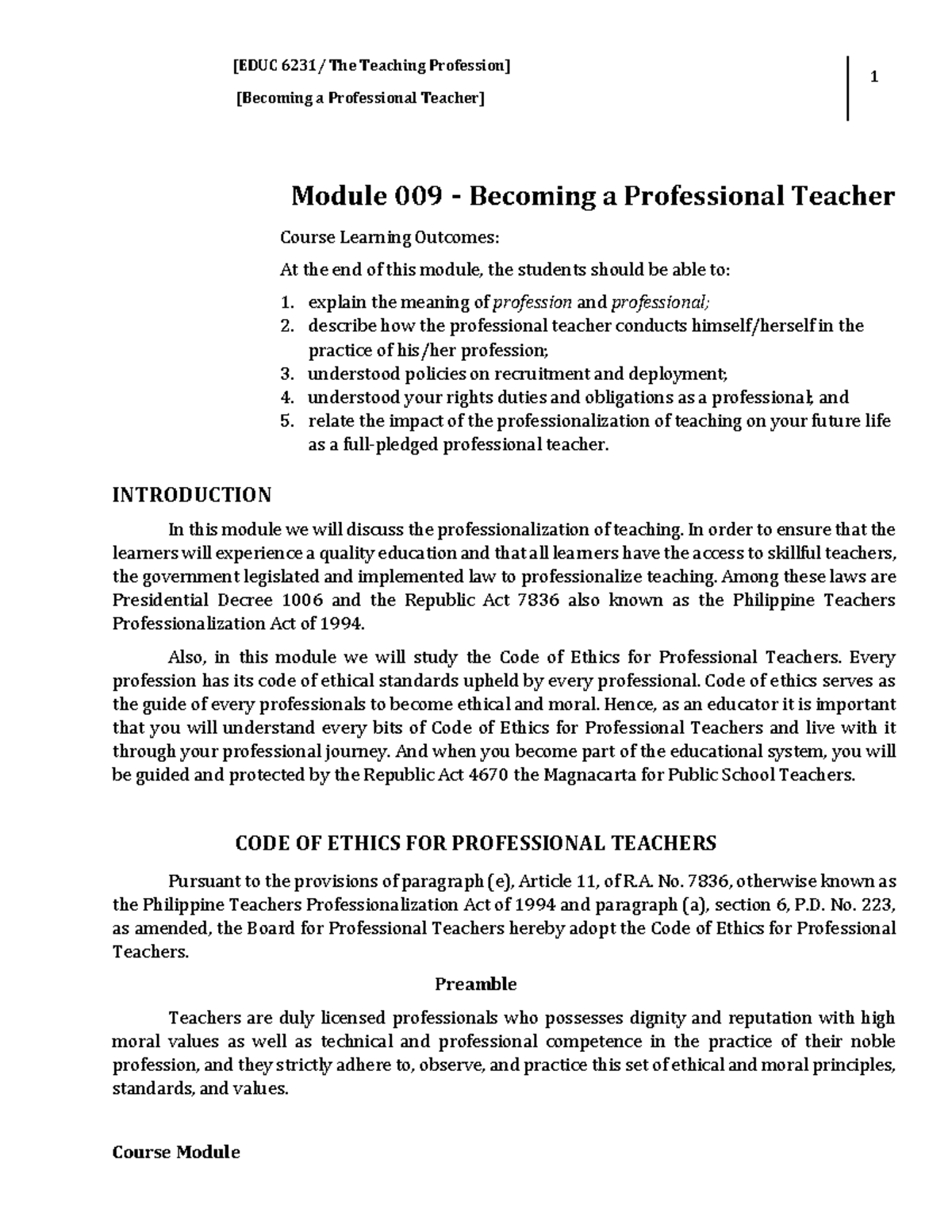 Module 009: Becoming a Professional Teacher - Course Overview and ...