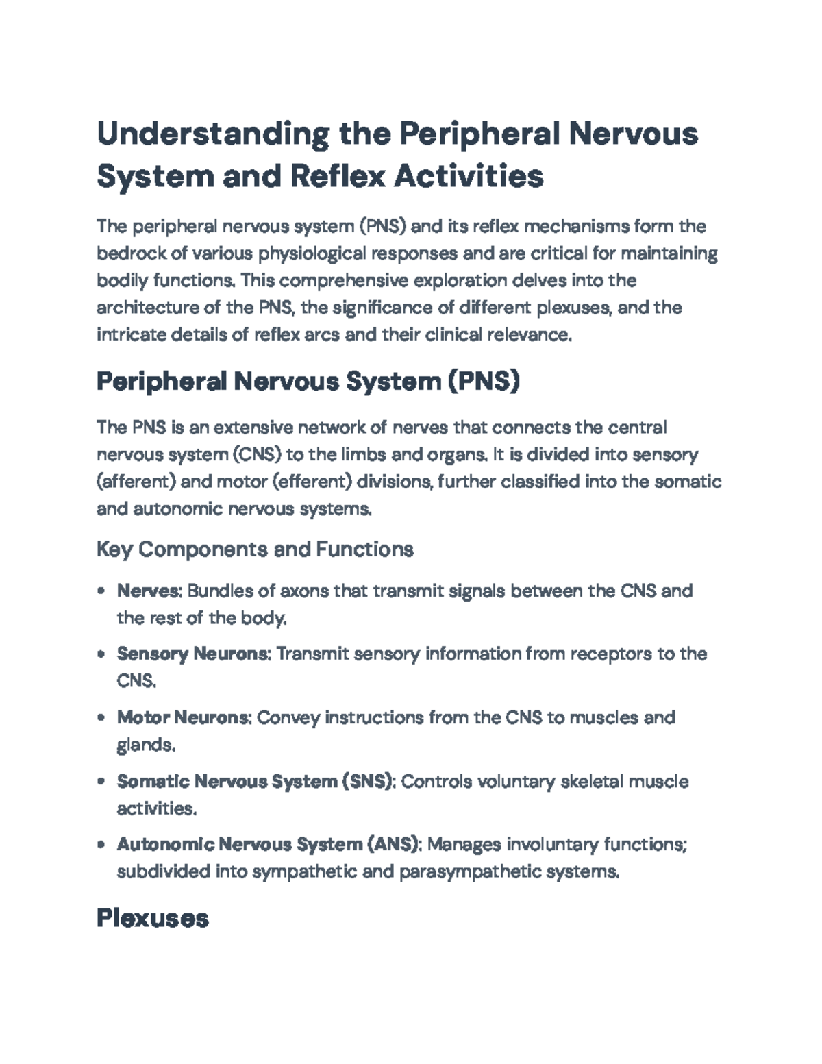 Peripheral Nervous System (PNS) Overview and Reflex Mechanisms ...