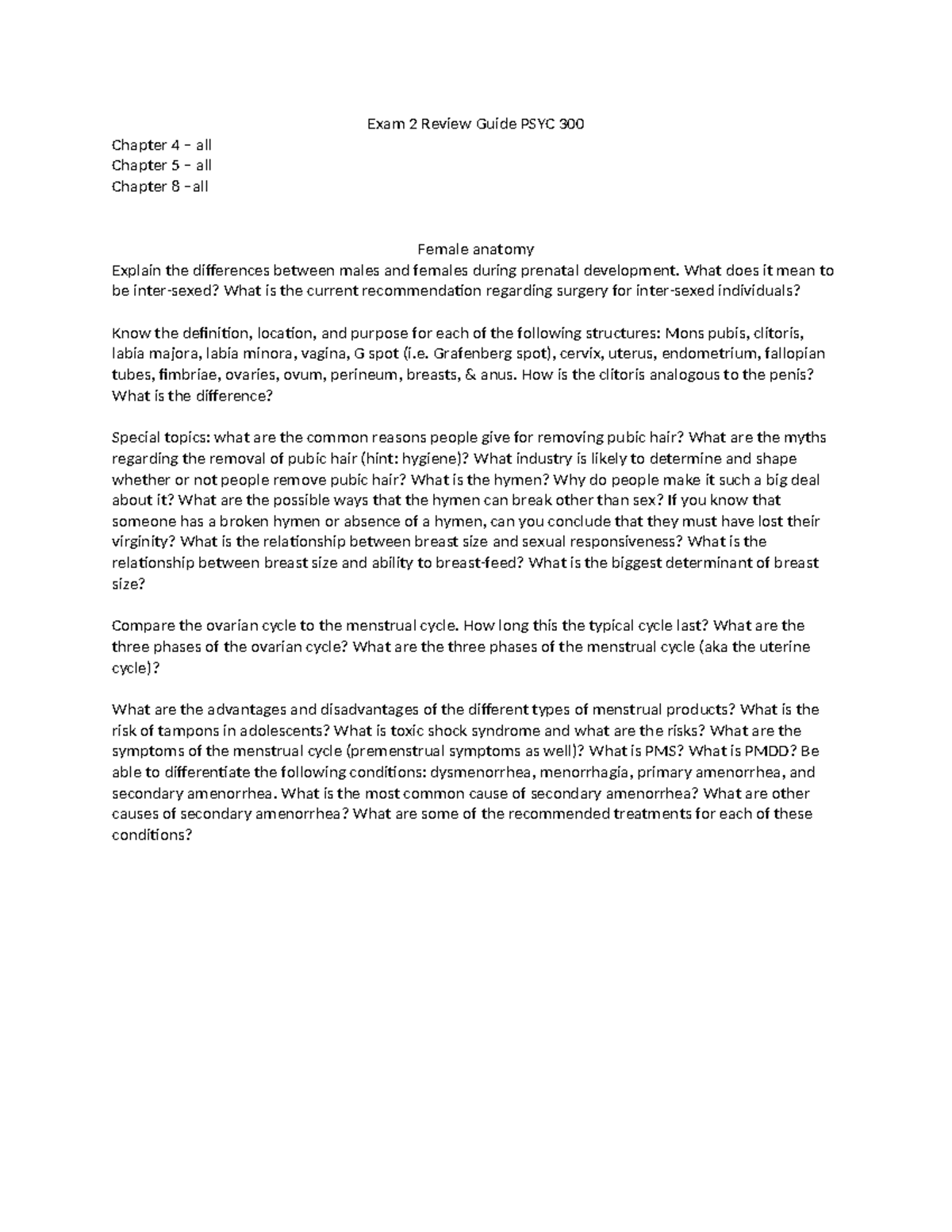 Midterm Review Guide: PSYC 300 - Anatomy, Health & Sexual Response ...