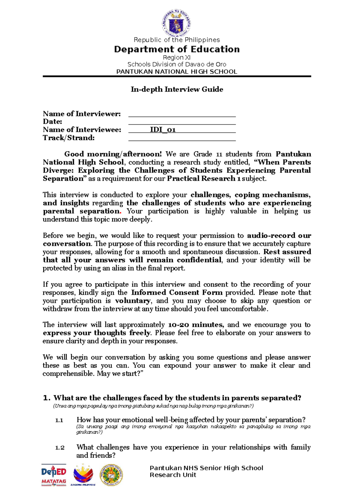 PRACTICAL RESEARCH 1: Interview Guide on Parental Separation Challenges ...