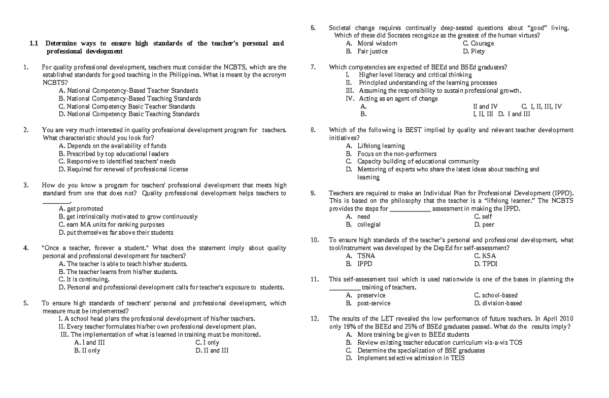 ProfEd 1.1: Quality Professional Development for Teachers - Exam Review ...