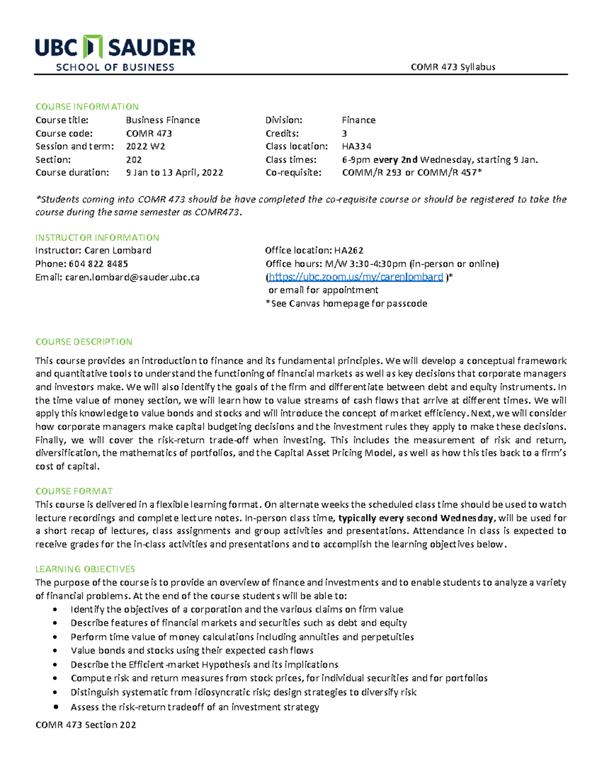 COMR473 2022W1 Syllabus - COURSE INFORMATION Course title