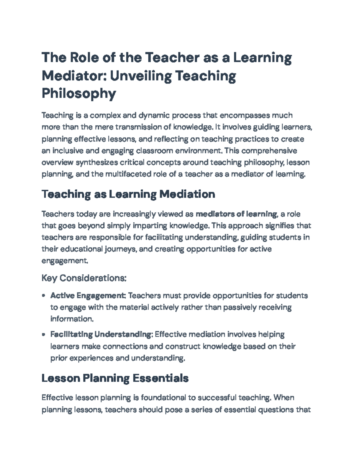 The Role of the Teacher as a Learning Mediator: Teaching Philosophy ...
