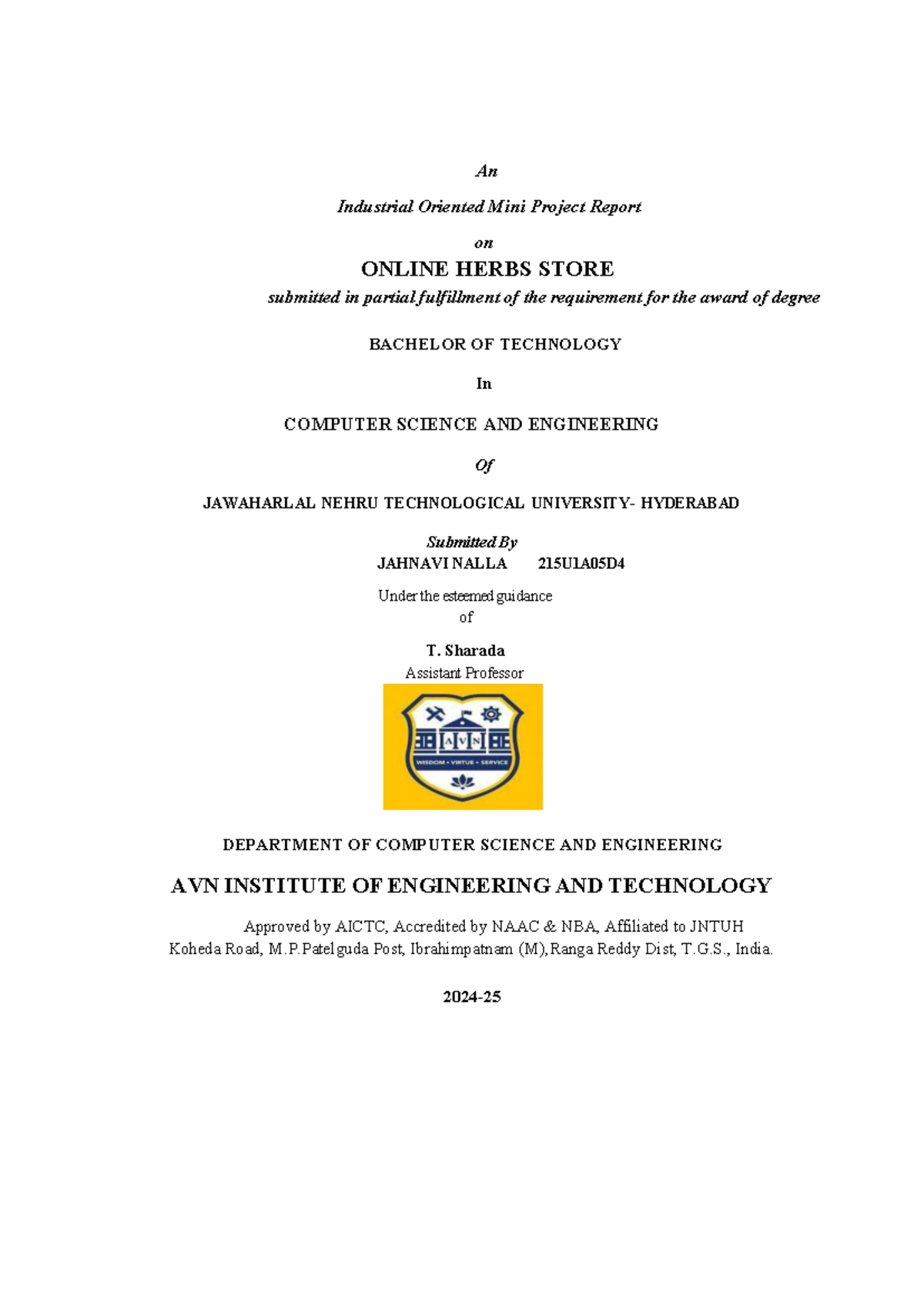 B.Tech Mini Project Report: Online Herbs Store (CSE 215U1A05D4) - Studocu
